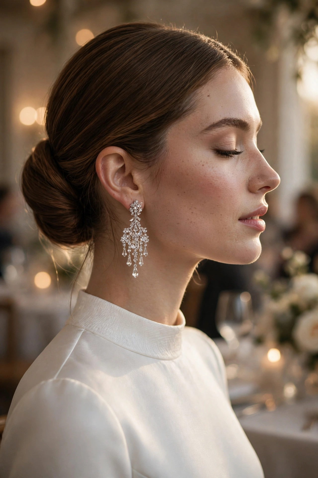 Statement chandelier earrings with a high round neckline — no necklace