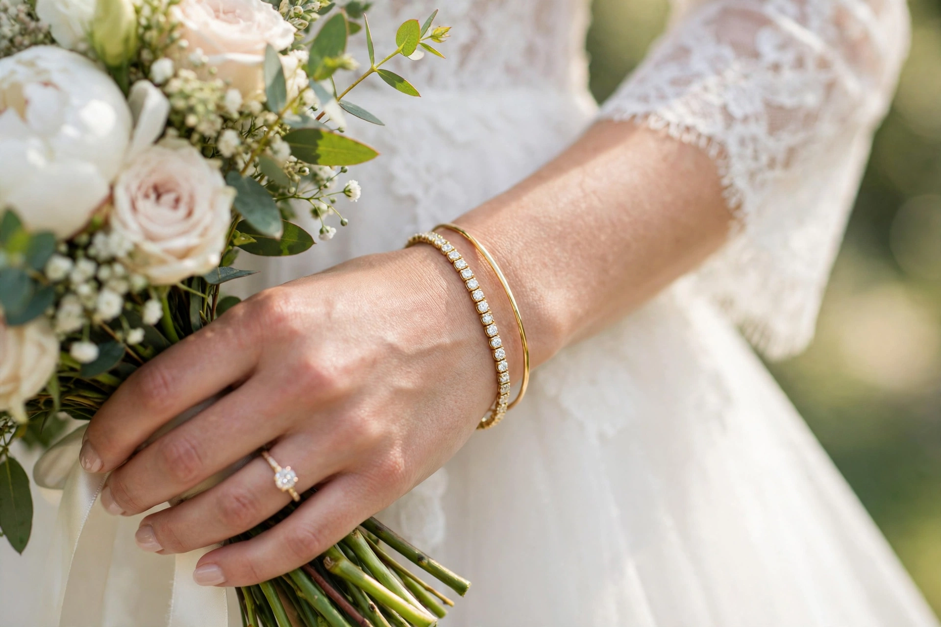 Layered bridal bracelet and ring detail with bouquet