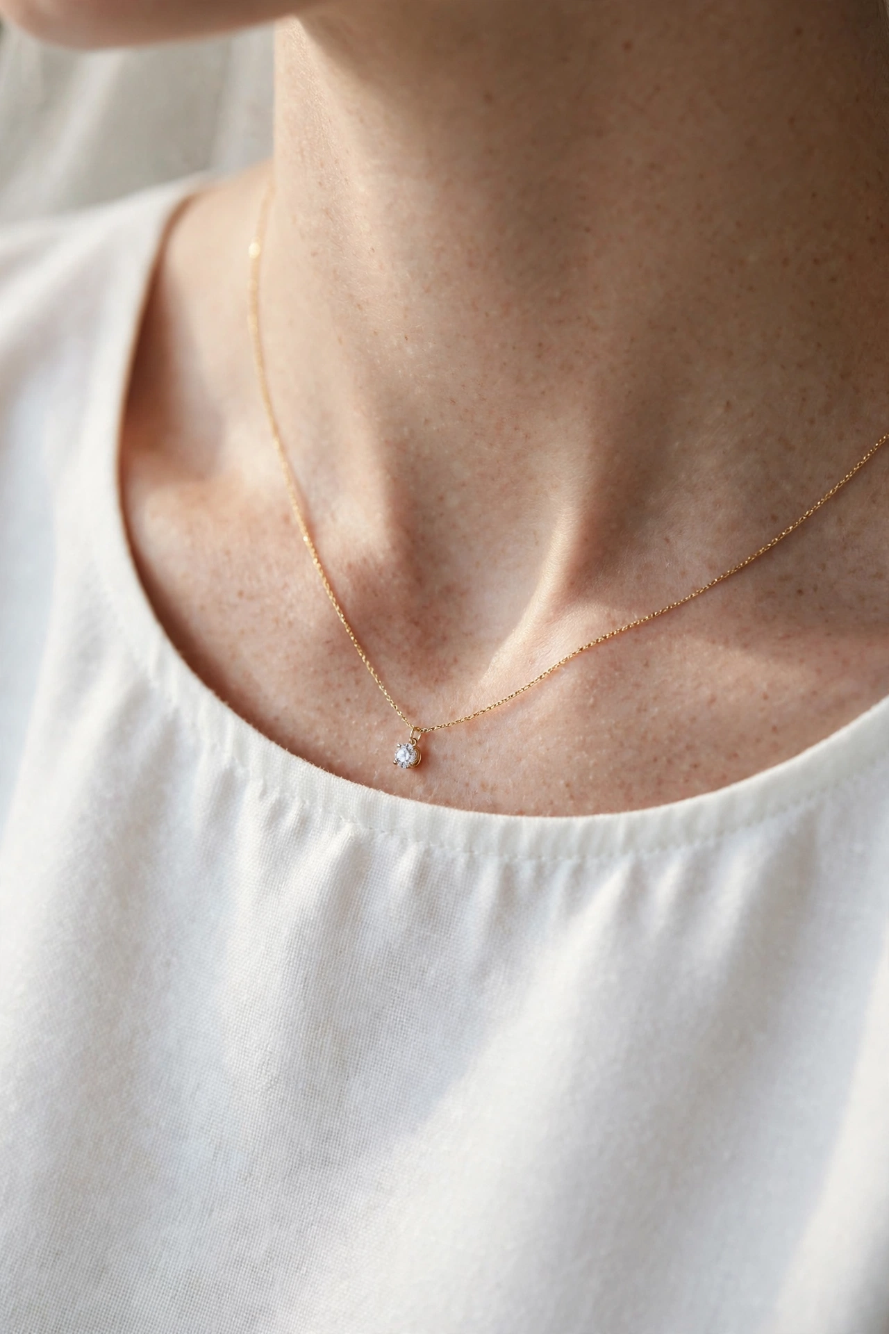 Delicate gold pendant necklace on a round neckline dress