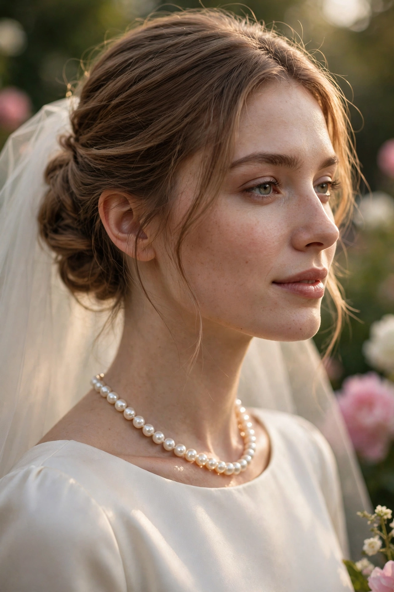 Classic pearl strand on a round neckline wedding dress