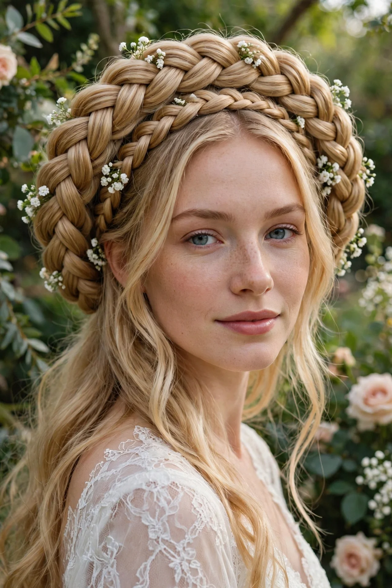 Elegant braided crown wedding hairstyle with fresh flowers for long hair brides