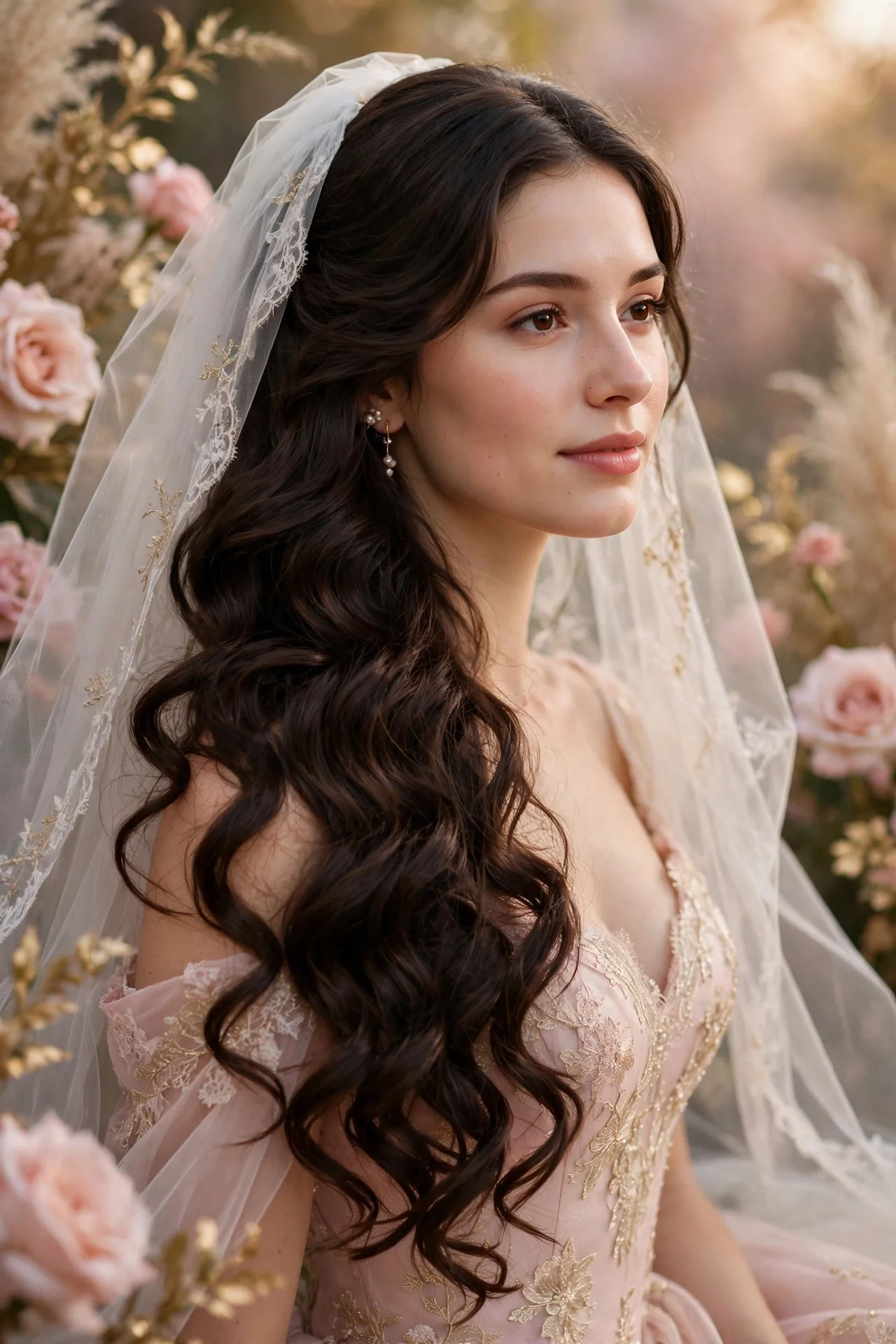 Romantic cascading curls wedding hairstyle with cathedral veil for long hair