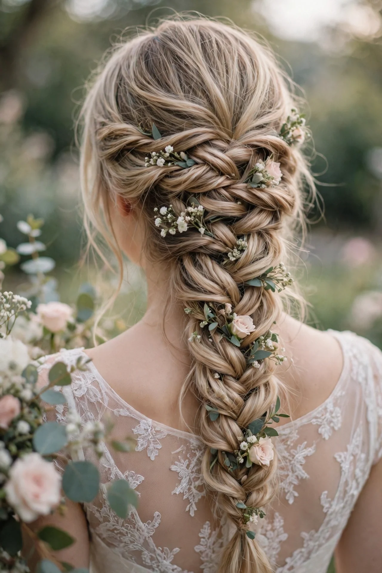 Fishtail braid wedding hairstyle for long hair with flowers