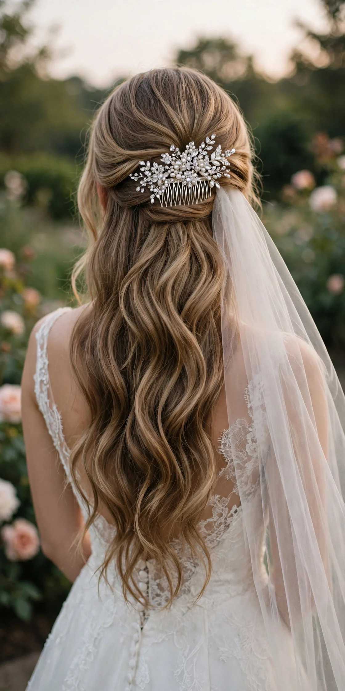 Half-up half-down wedding hairstyle for long hair with jeweled comb