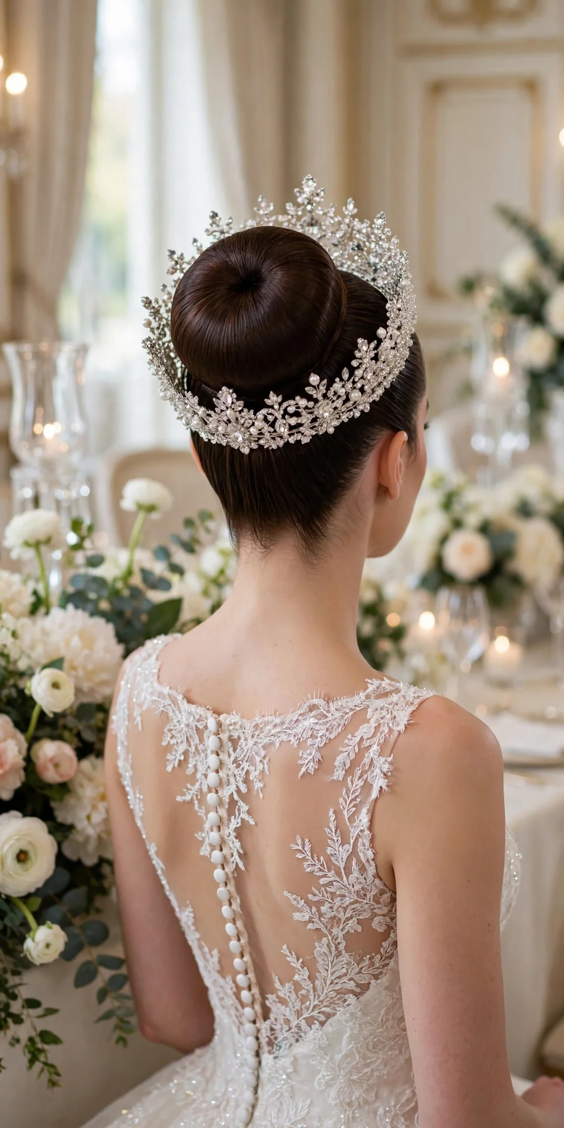 Glamorous high bun wedding updo with crystal tiara for long hair