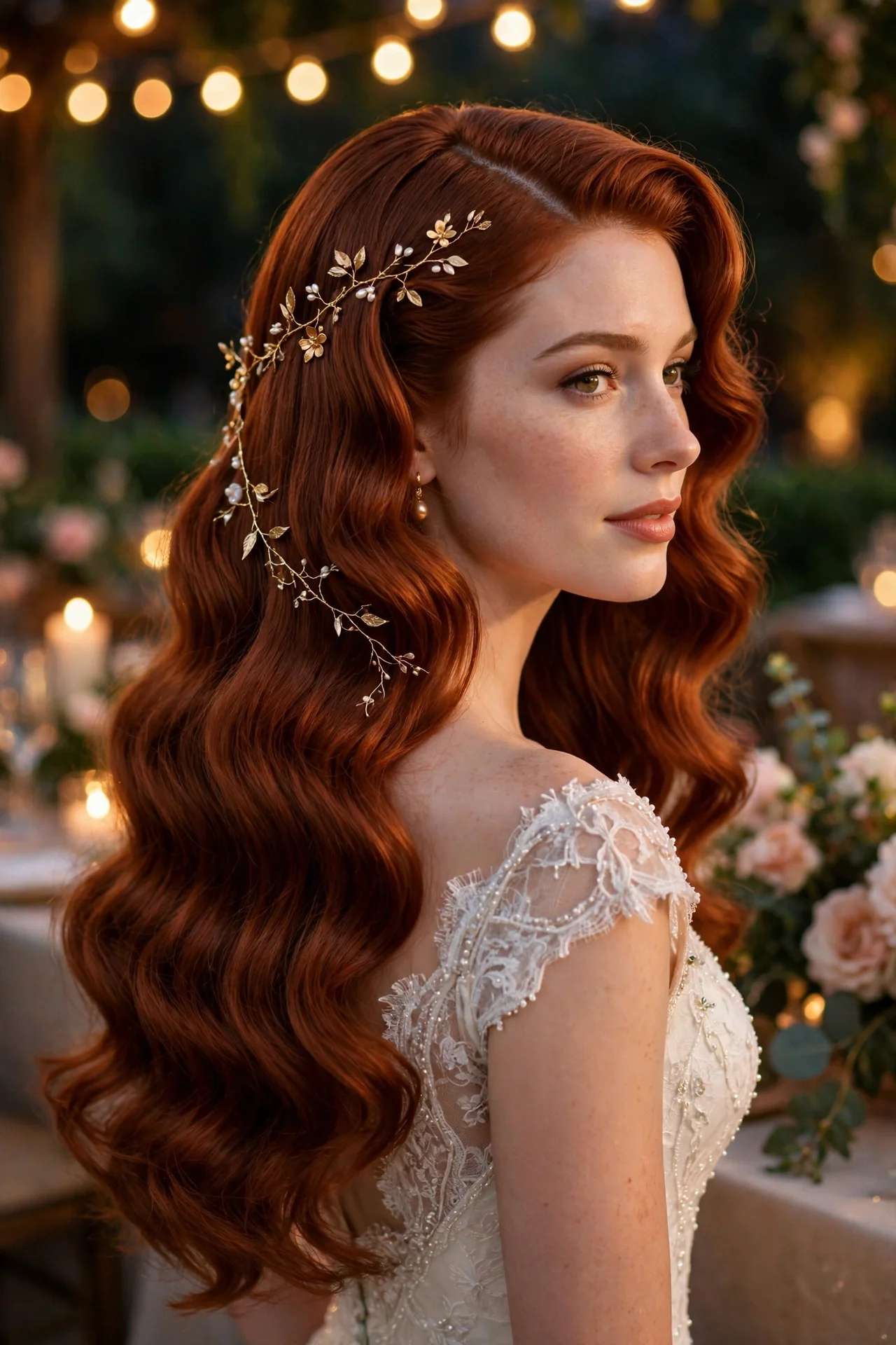 Hollywood waves wedding hairstyle with gold hair vine for long hair brides