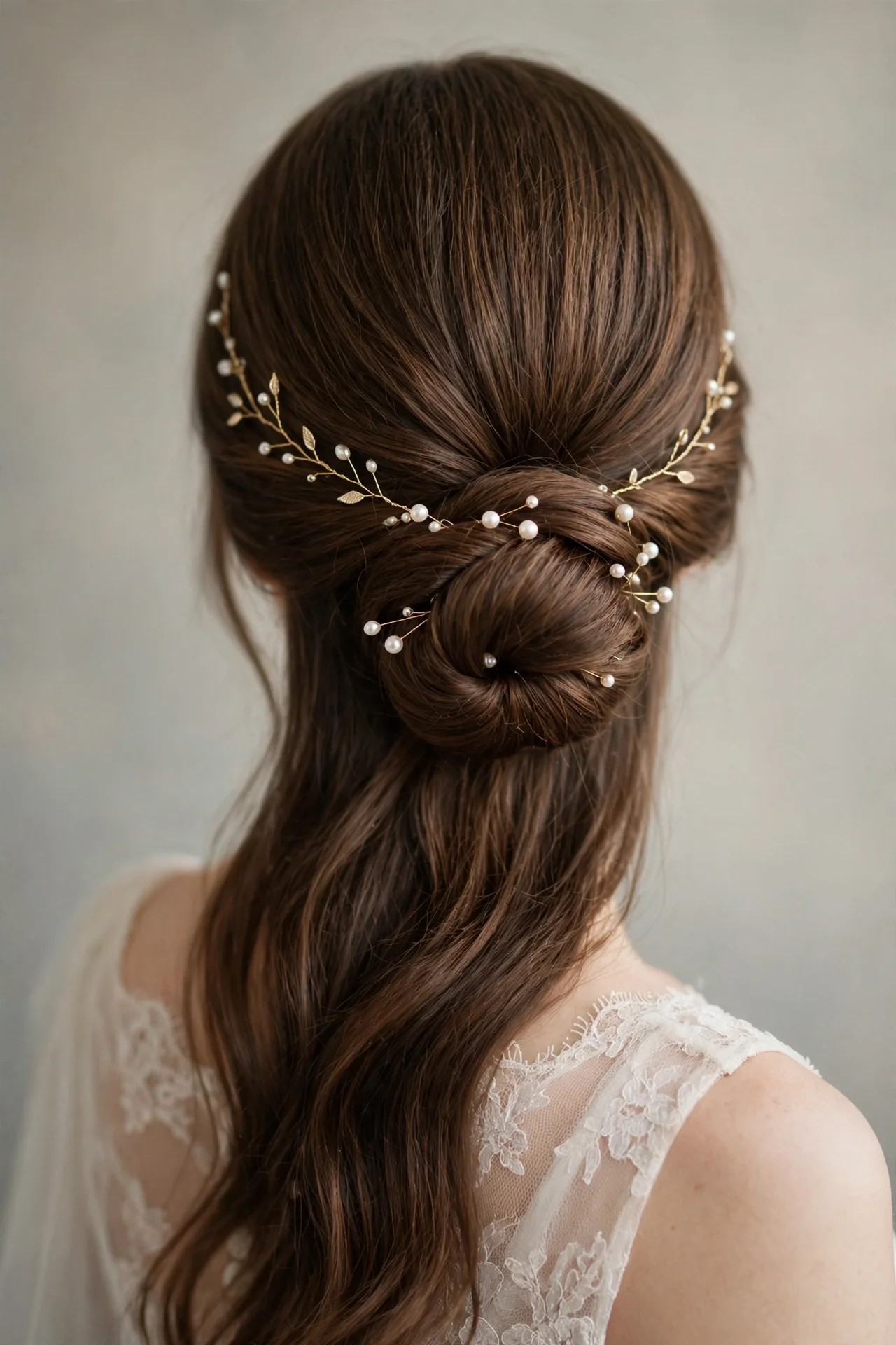 Classic low chignon wedding hairstyle with pearl pins for long hair