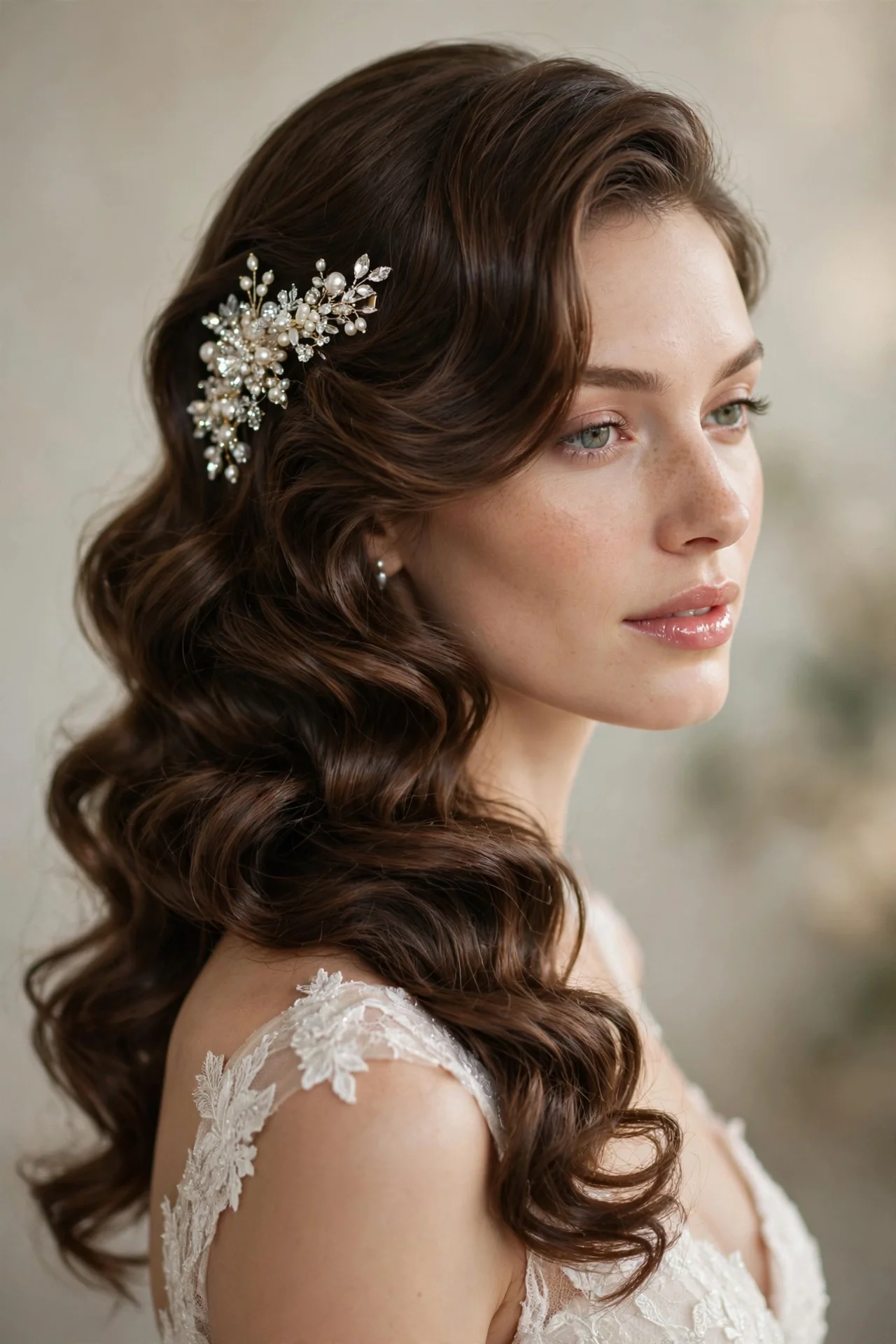 Side-swept glam curls wedding hairstyle for long hair brides