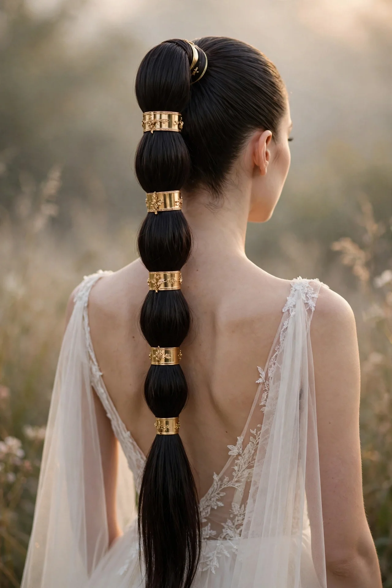 Sleek high ponytail wedding hairstyle with gold cuffs for long hair brides