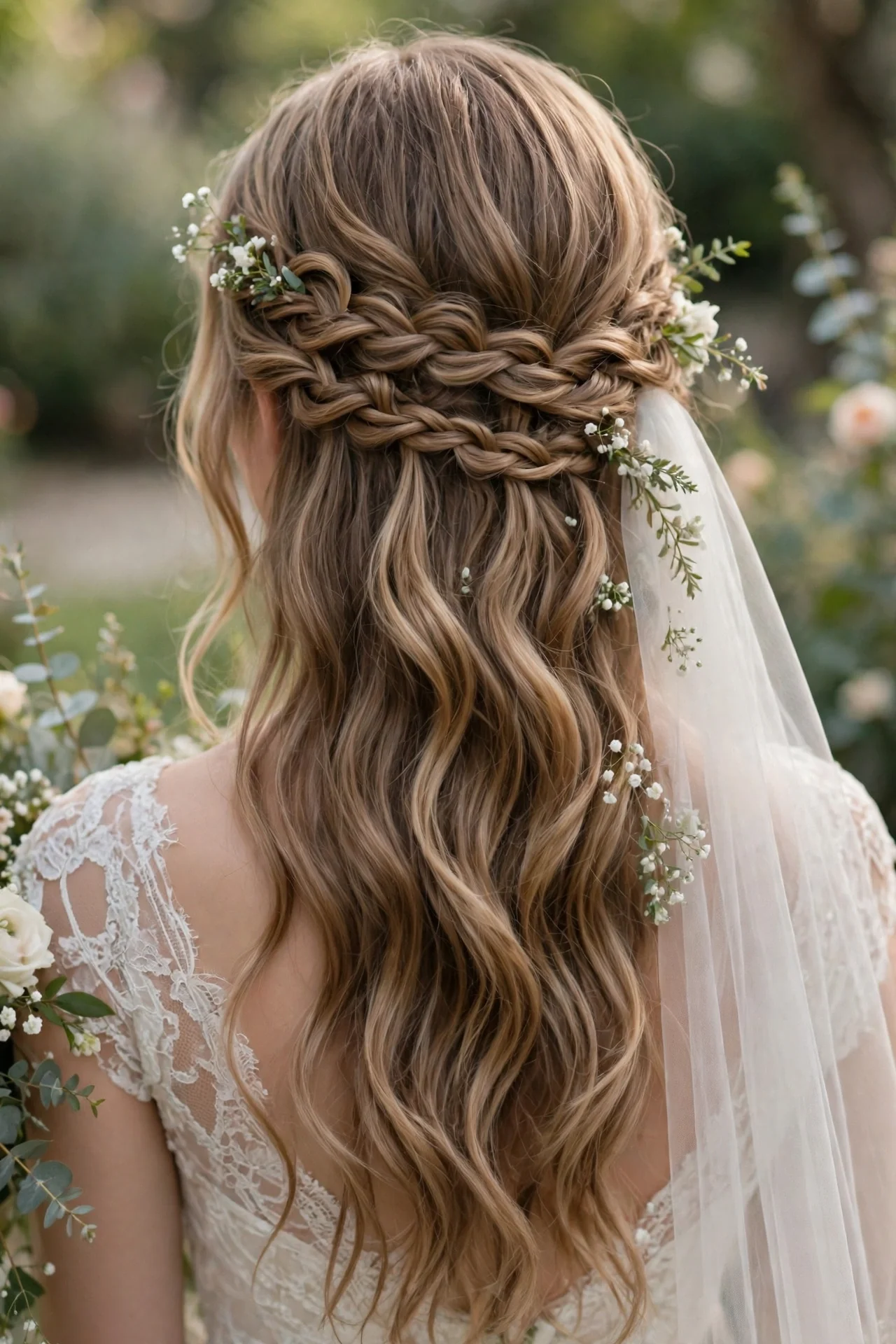 Waterfall braid wedding hairstyle for long wavy hair