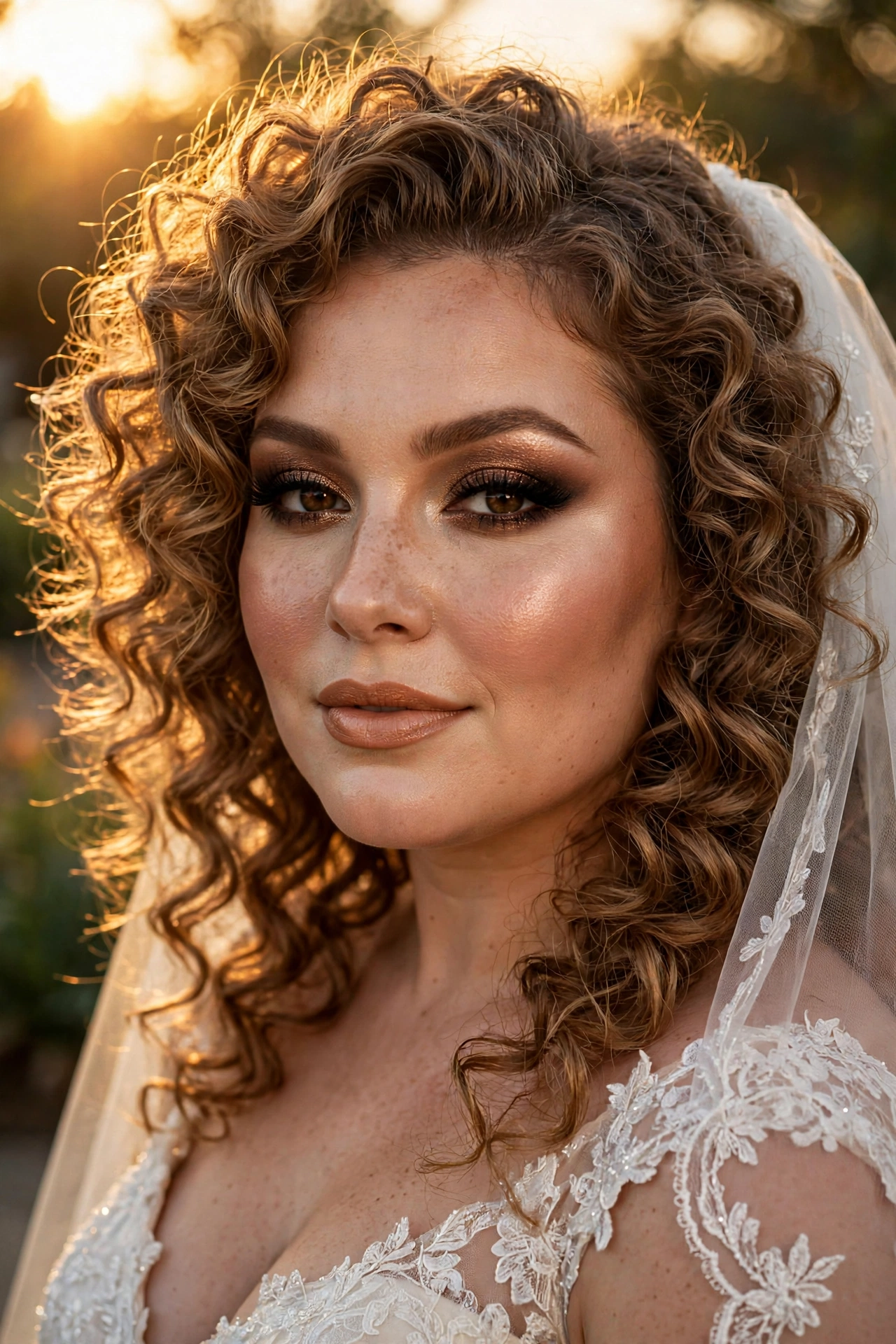 Bronze smoky eye bridal makeup on a round face with nude lip