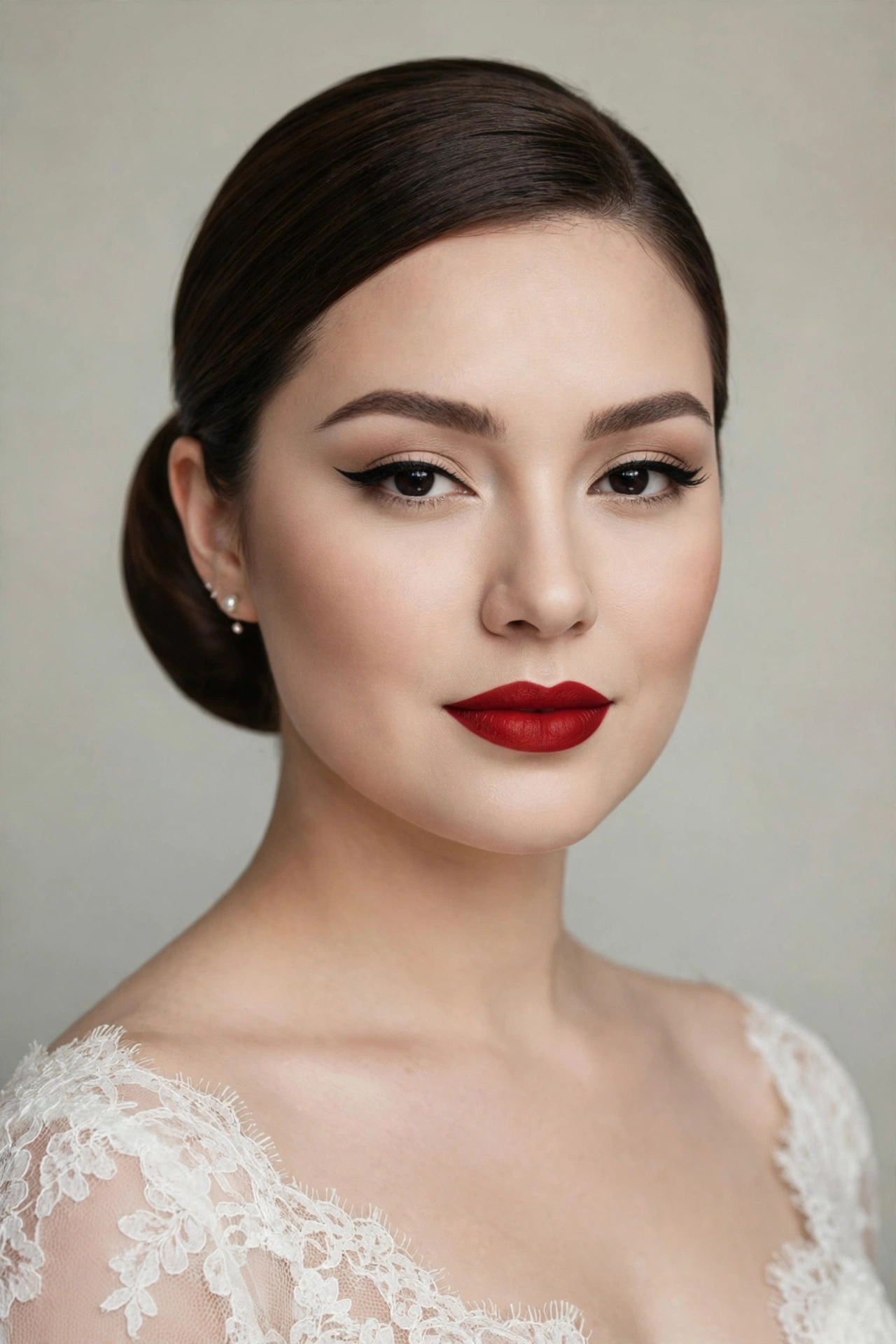Classic red lip bridal makeup on a round face with winged eyeliner