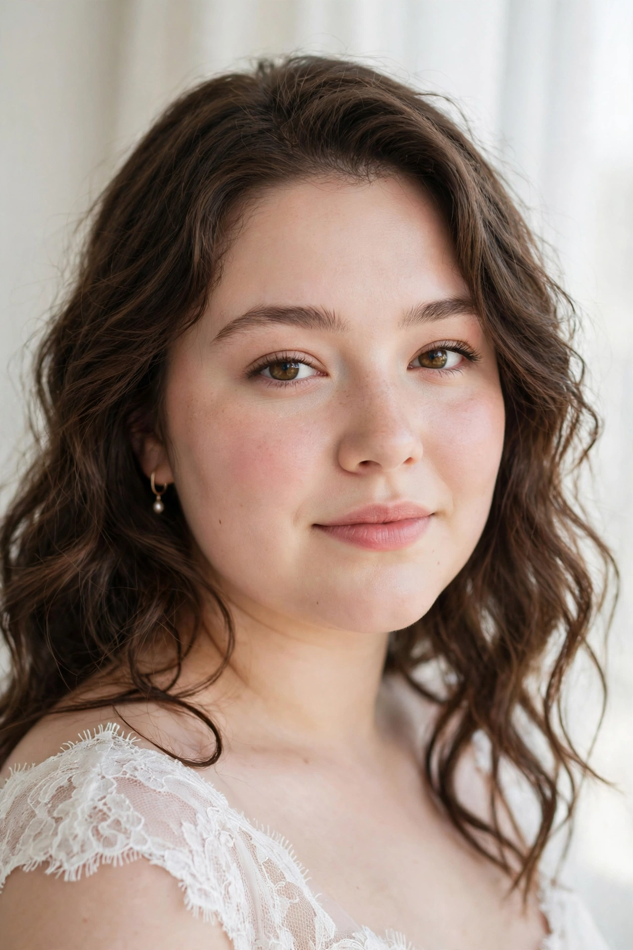 Natural dewy bridal makeup on a round face — fresh luminous skin