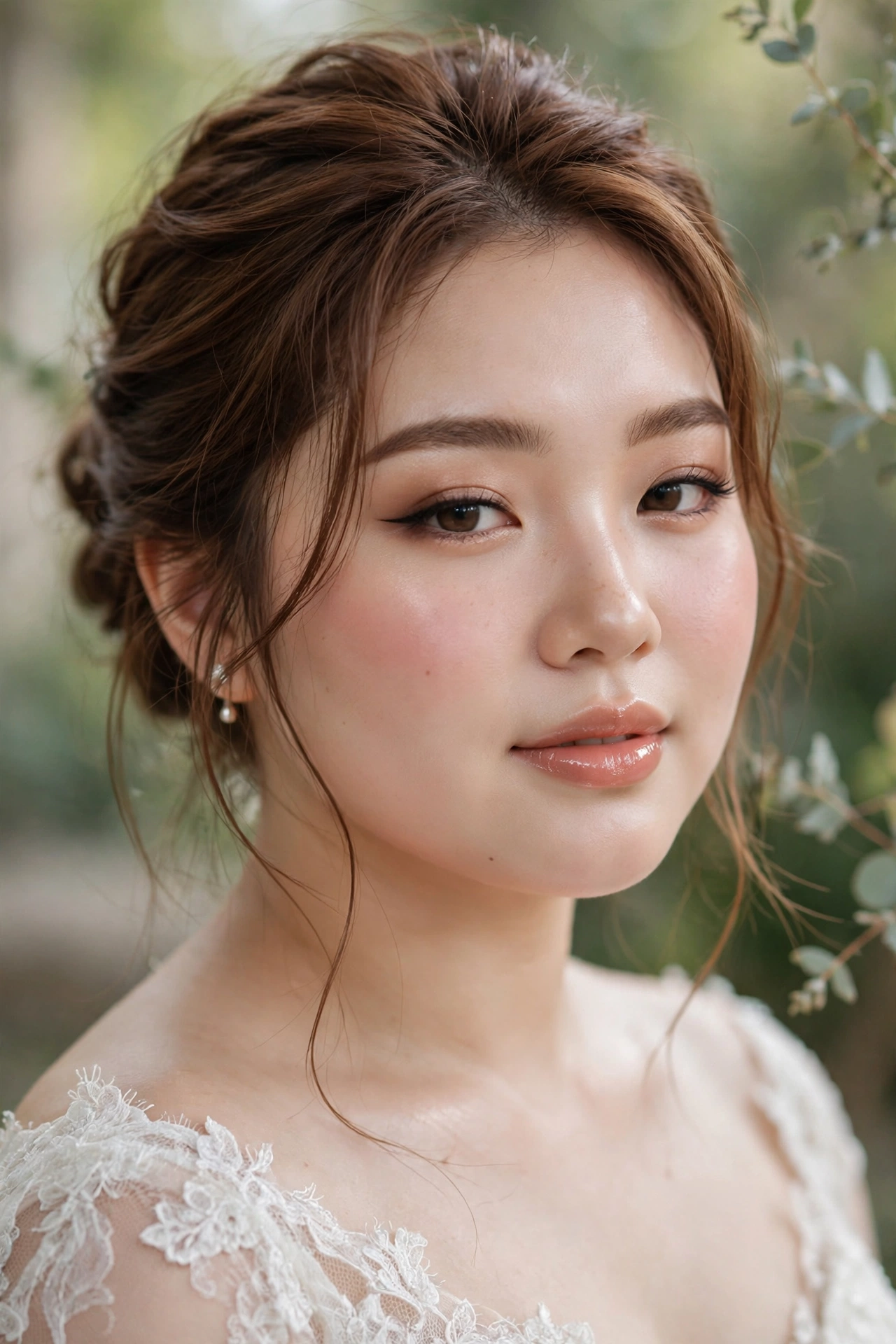 Soft glam bridal makeup on a round face — sculpted blush and winged liner