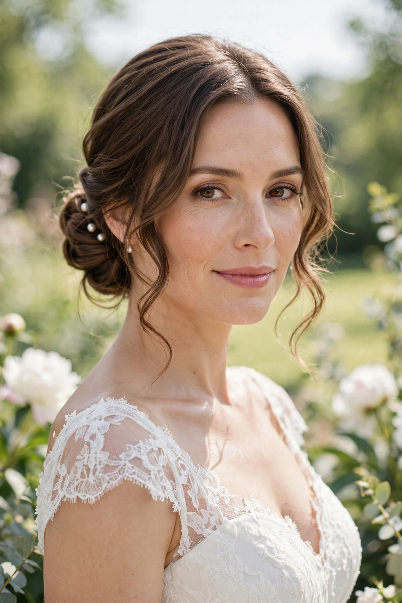 Low chignon with pearl pins