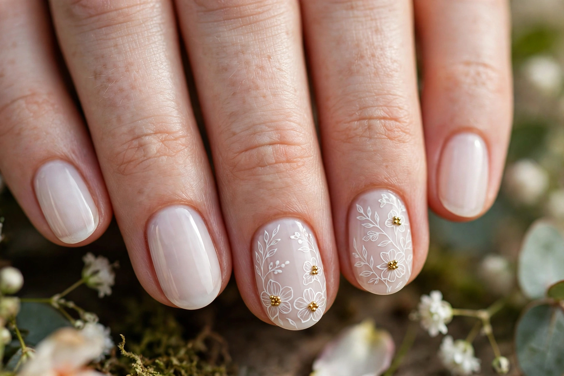 White botanical nail art on short oval bridal nails