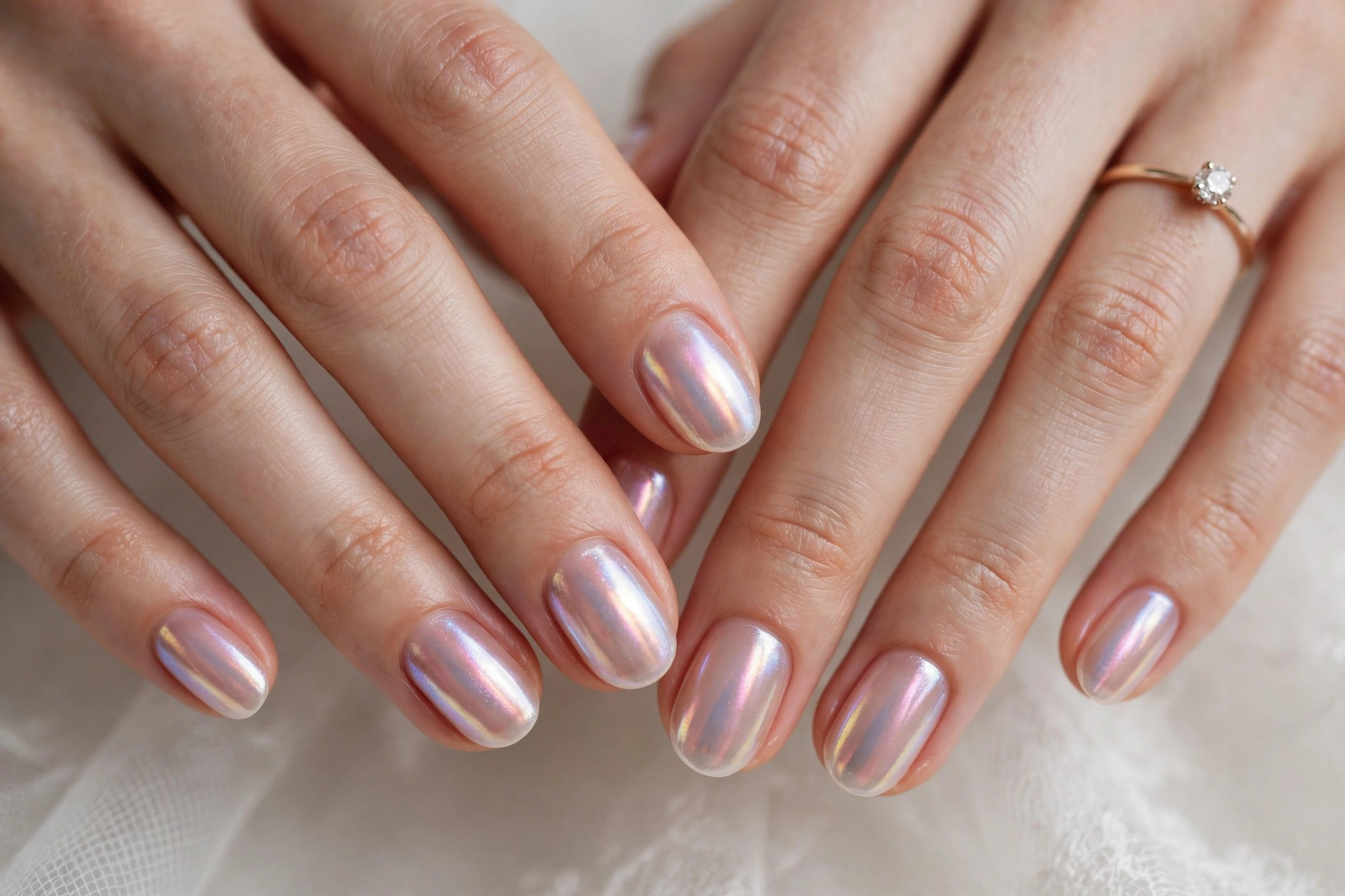Glazed chrome short bridal nails with wedding ring