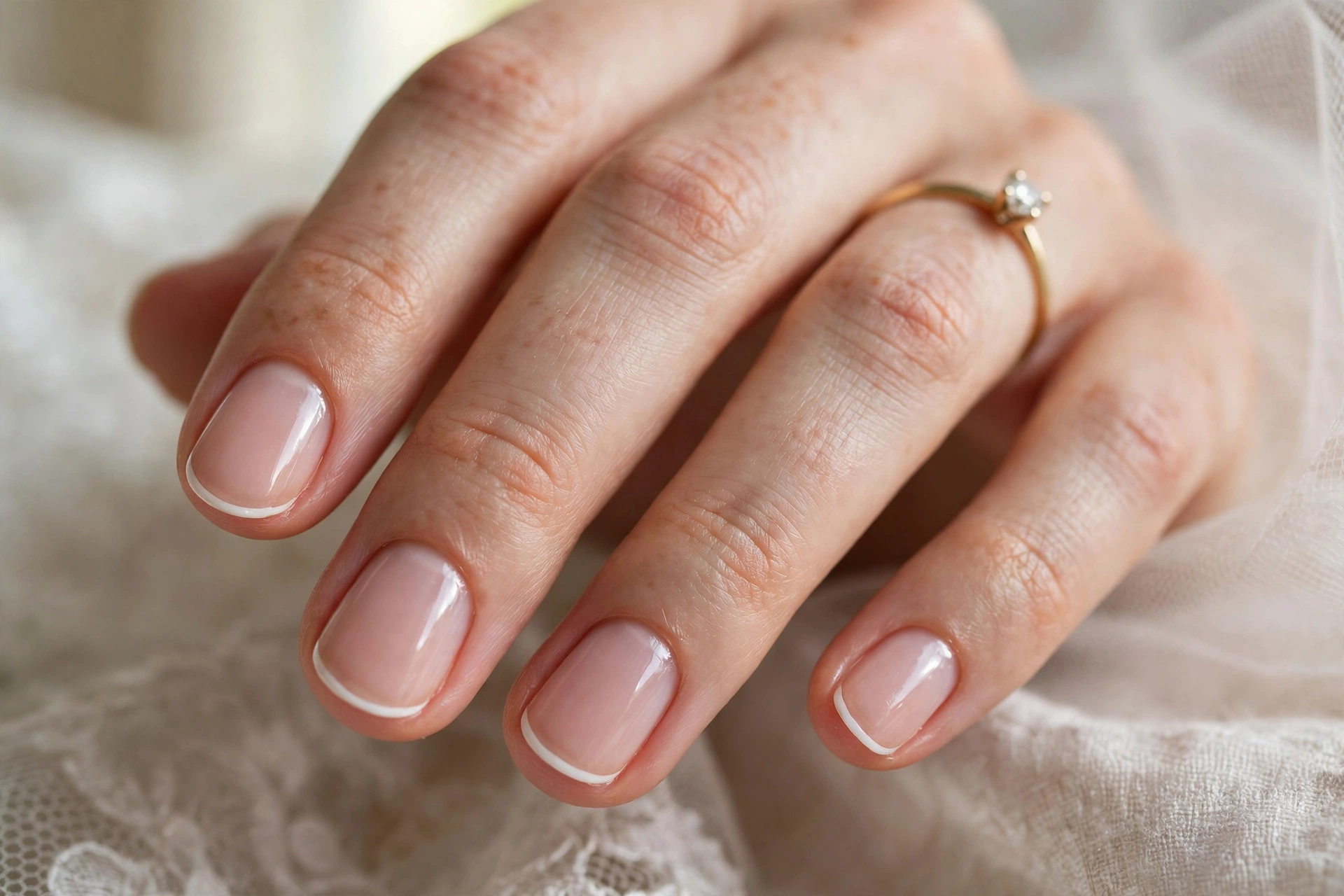 Micro French tip on short oval bridal nails