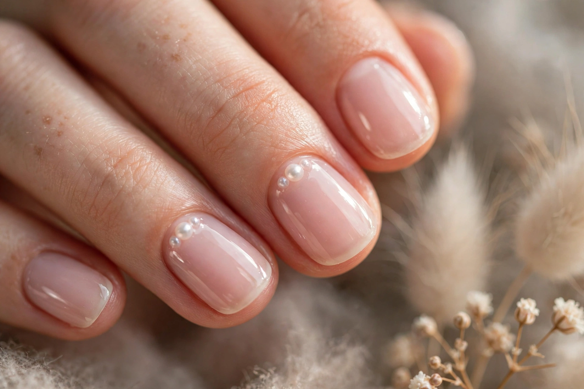 Blush pink short bridal nails with micro pearl detail