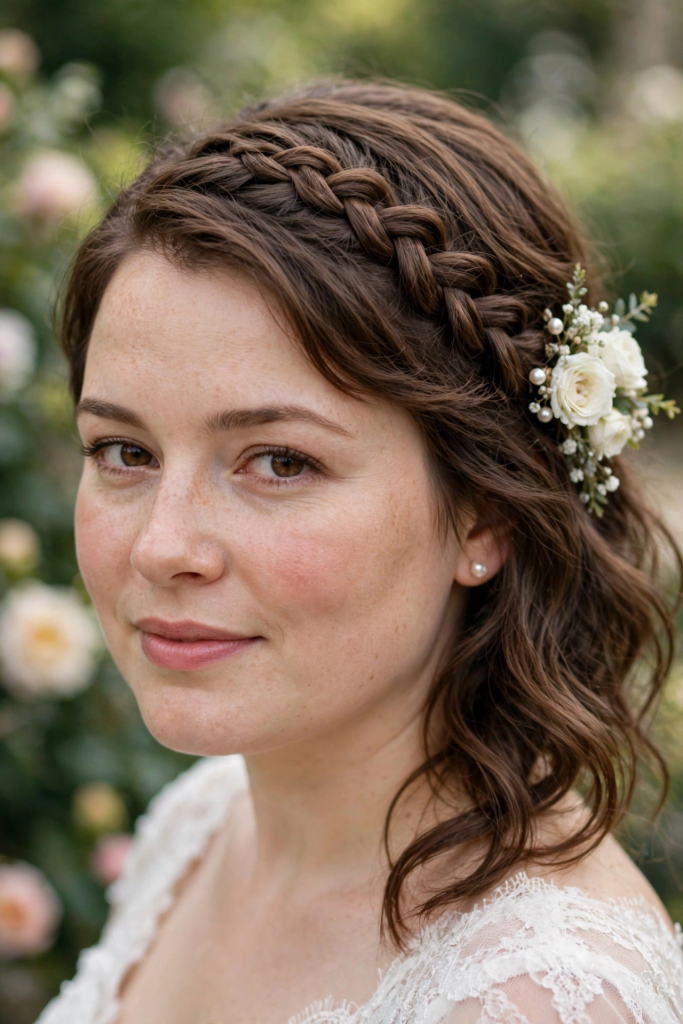 Braided side sweep wedding hairstyle for a round face
