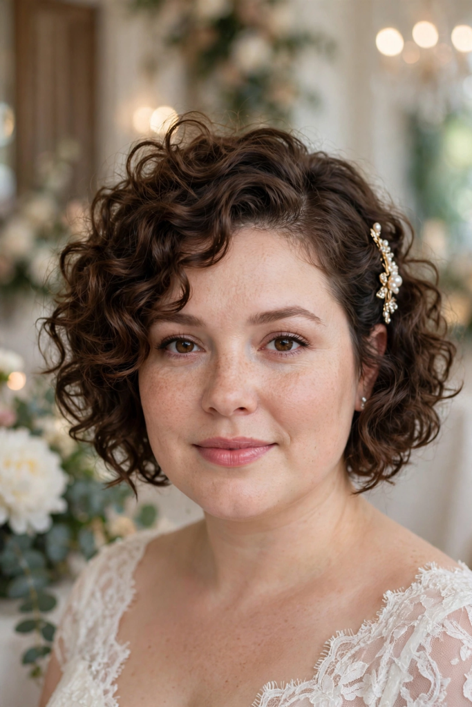 Curly bob with an off-center part wedding hairstyle for a round face
