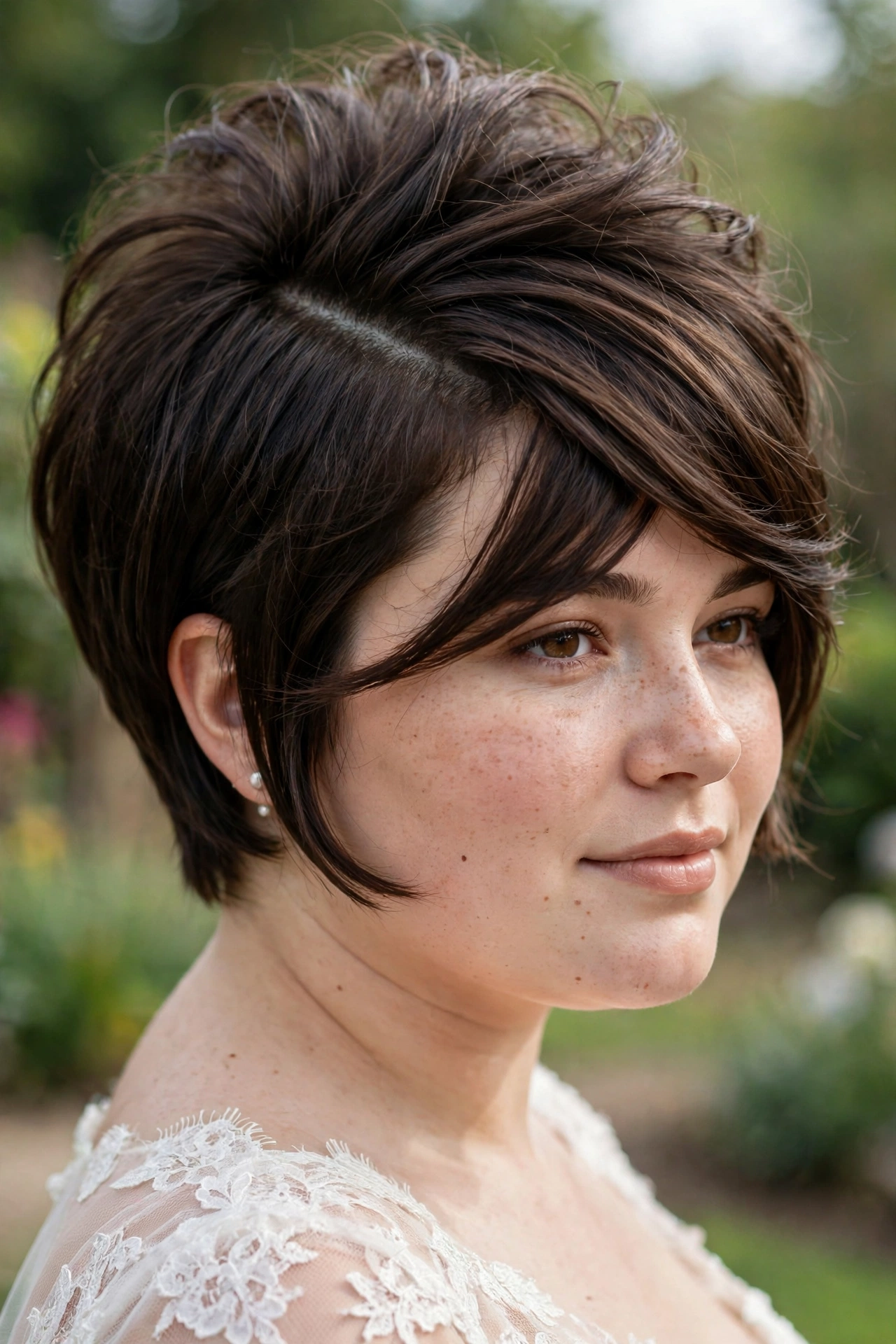 Deep side-part bixie wedding hairstyle for a round face