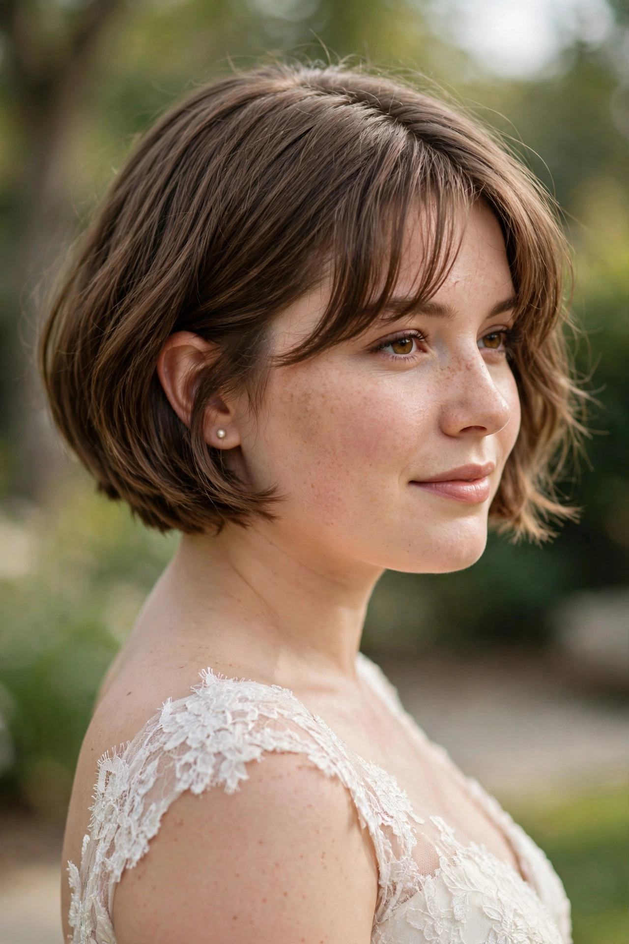 Short French bob with curtain fringe wedding hairstyle for a round face