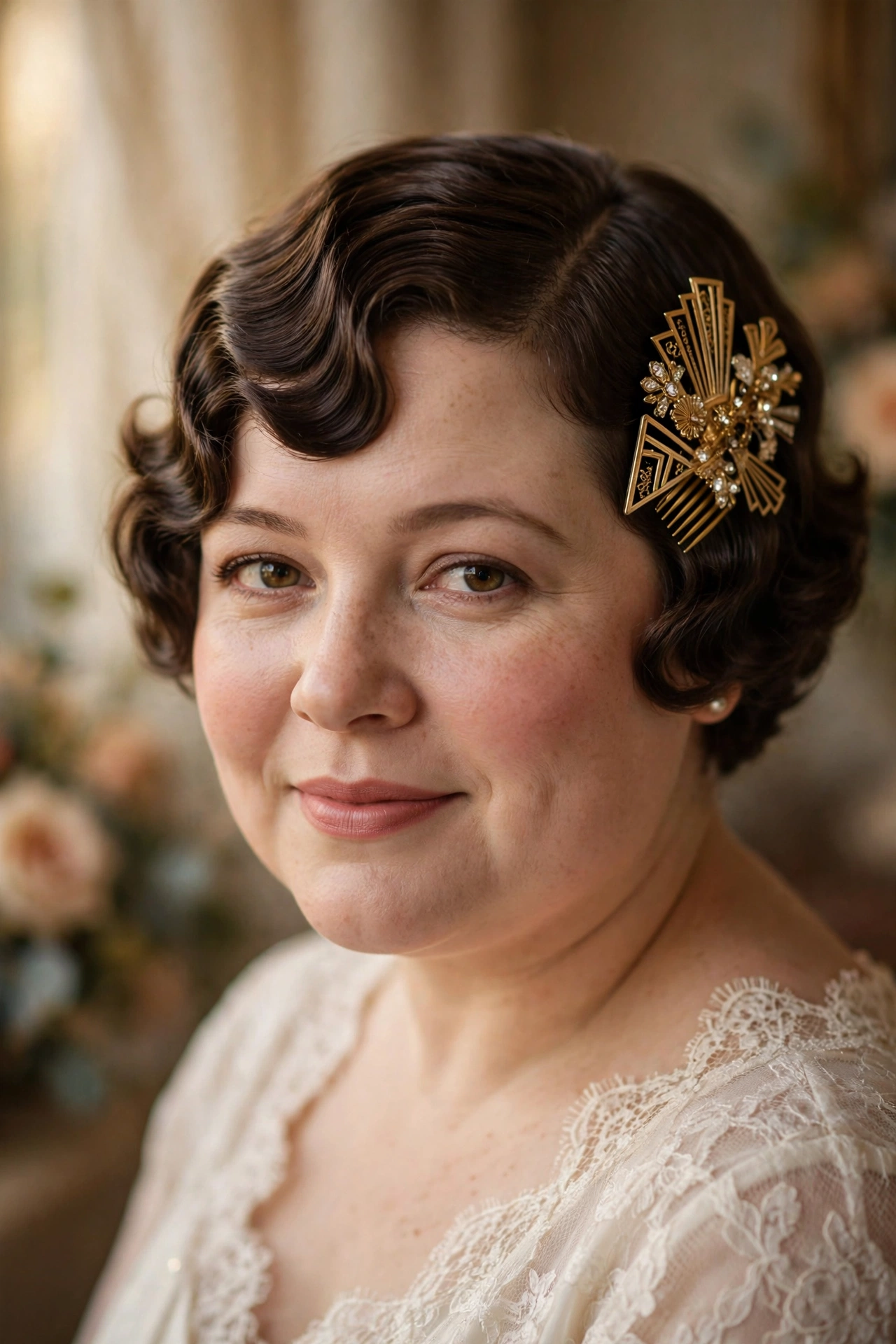 Short vintage finger waves wedding hairstyle with a gold Art-Deco hair comb for a round face