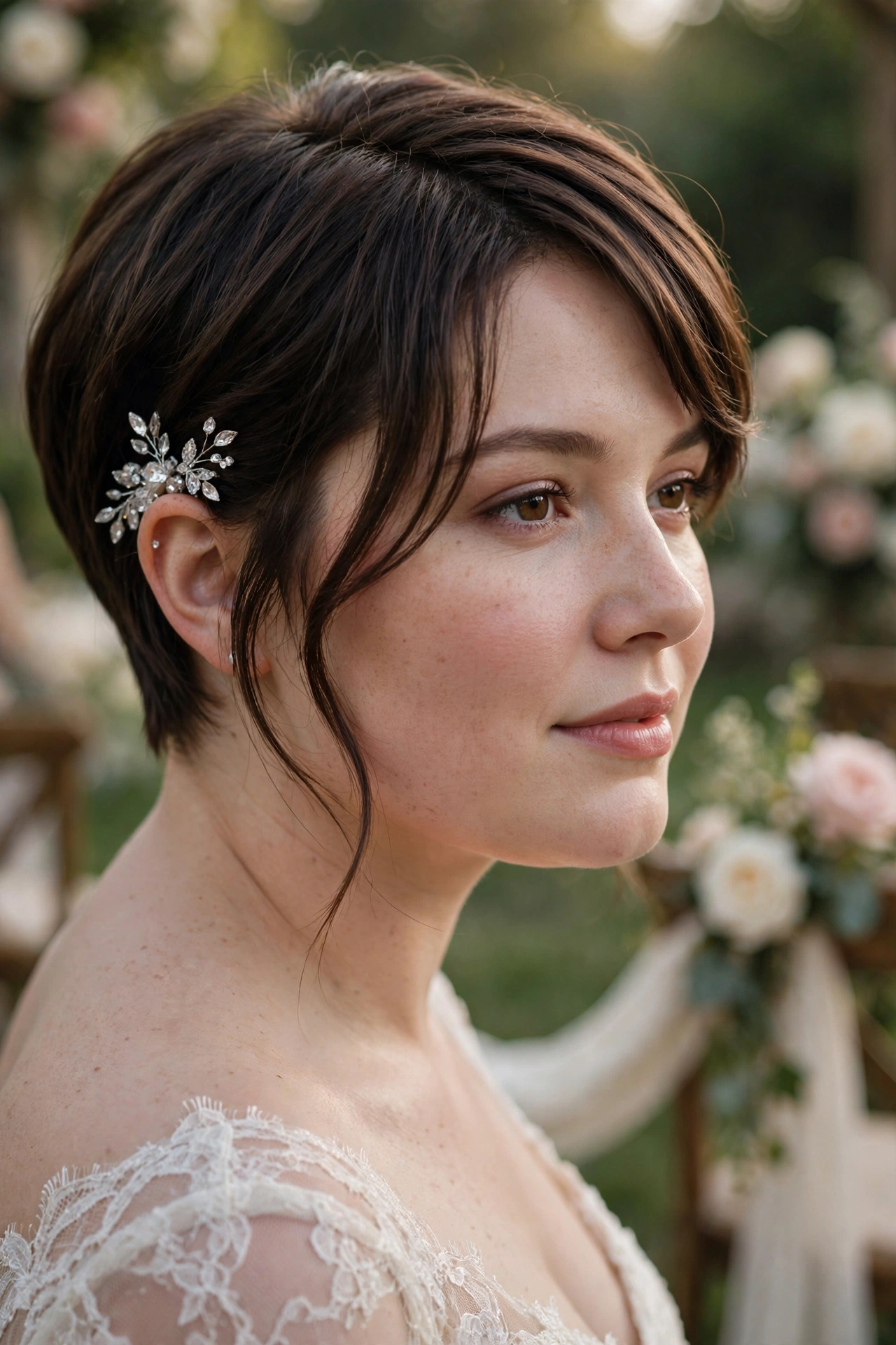 Side-swept pixie wedding hairstyle for a round face with a crystal hair pin