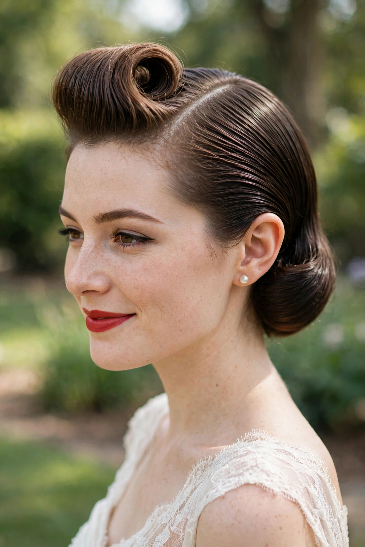 Slicked-side vintage glam short hairstyle for round faces
