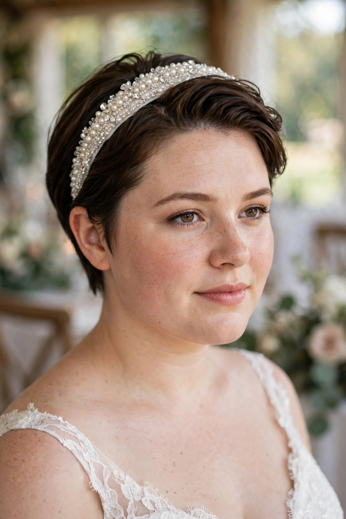Short hair with a statement bridal headband for a round face