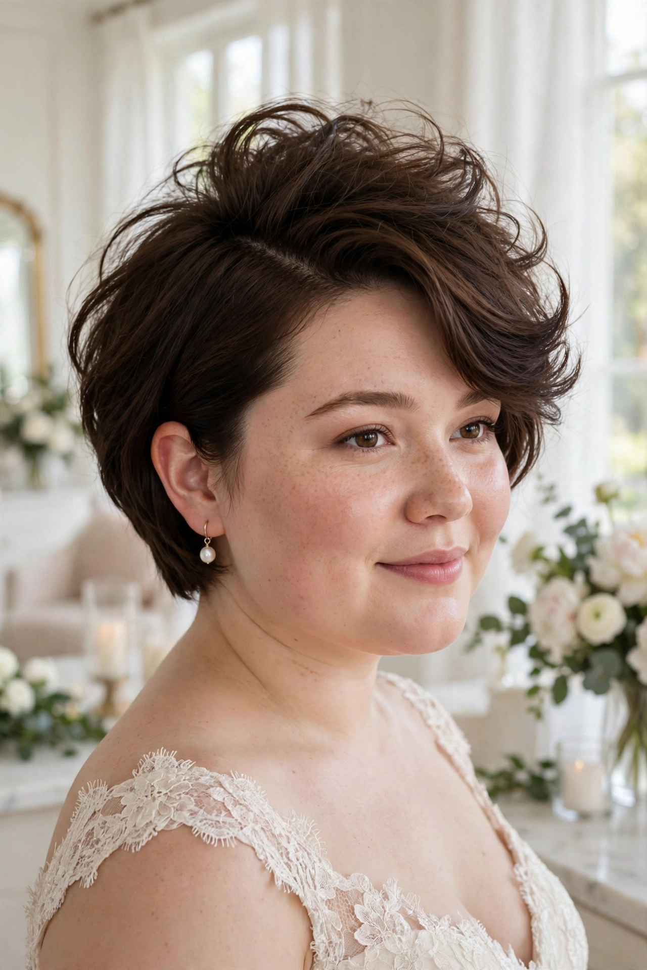 Textured short bob wedding hairstyle with lifted crown volume for a round face