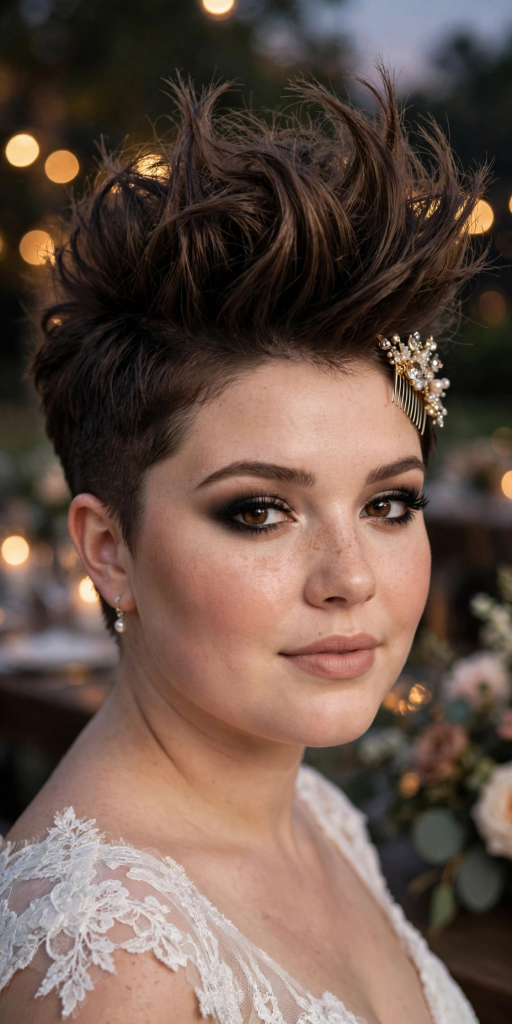 Textured pompadour pixie wedding hairstyle for a round face