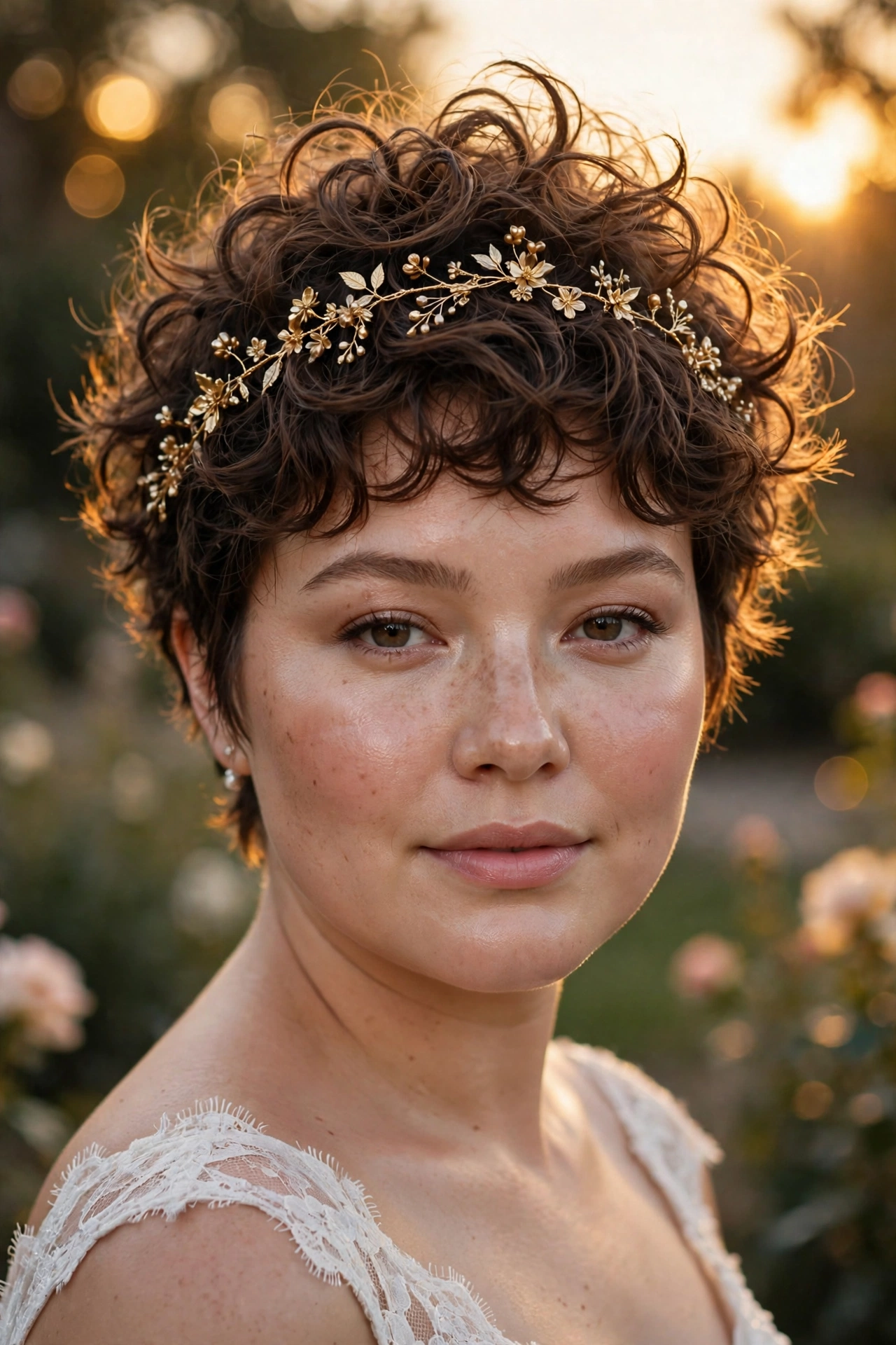 Tousled curly pixie wedding hairstyle with a gold floral hair vine for a round face
