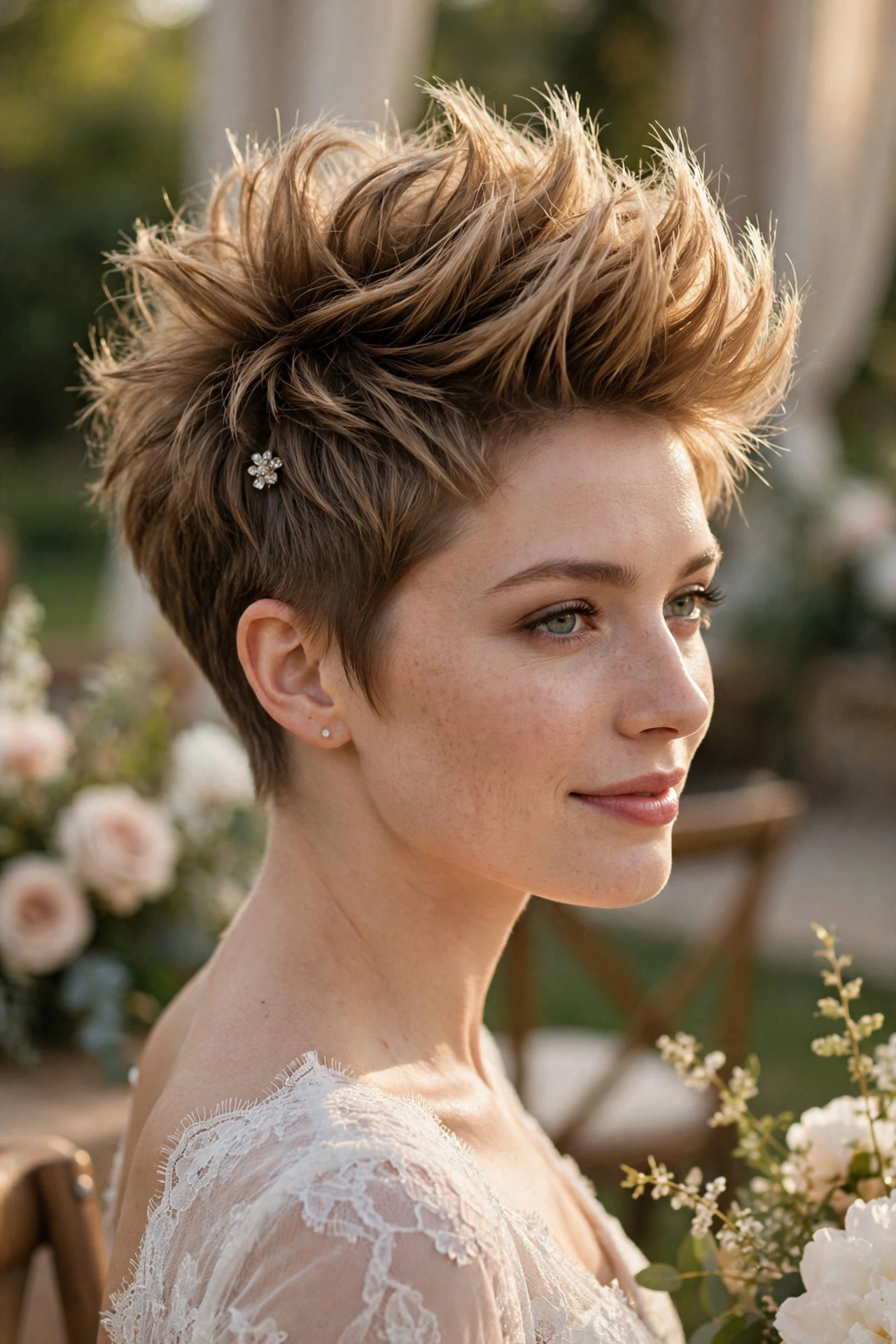 Voluminous faux-hawk pixie for round faces