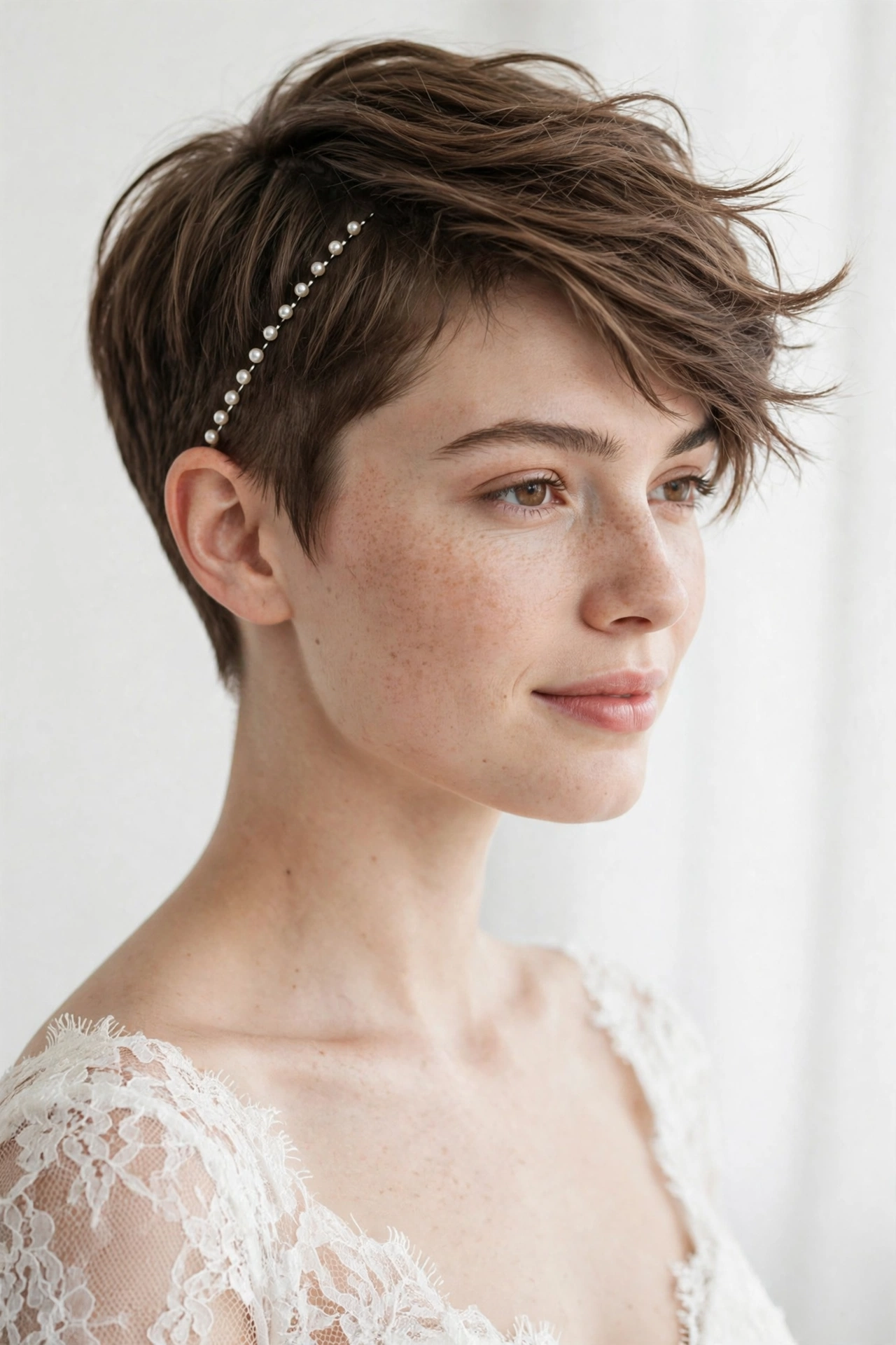 Pinned pixie with pearl pins for short thin hair