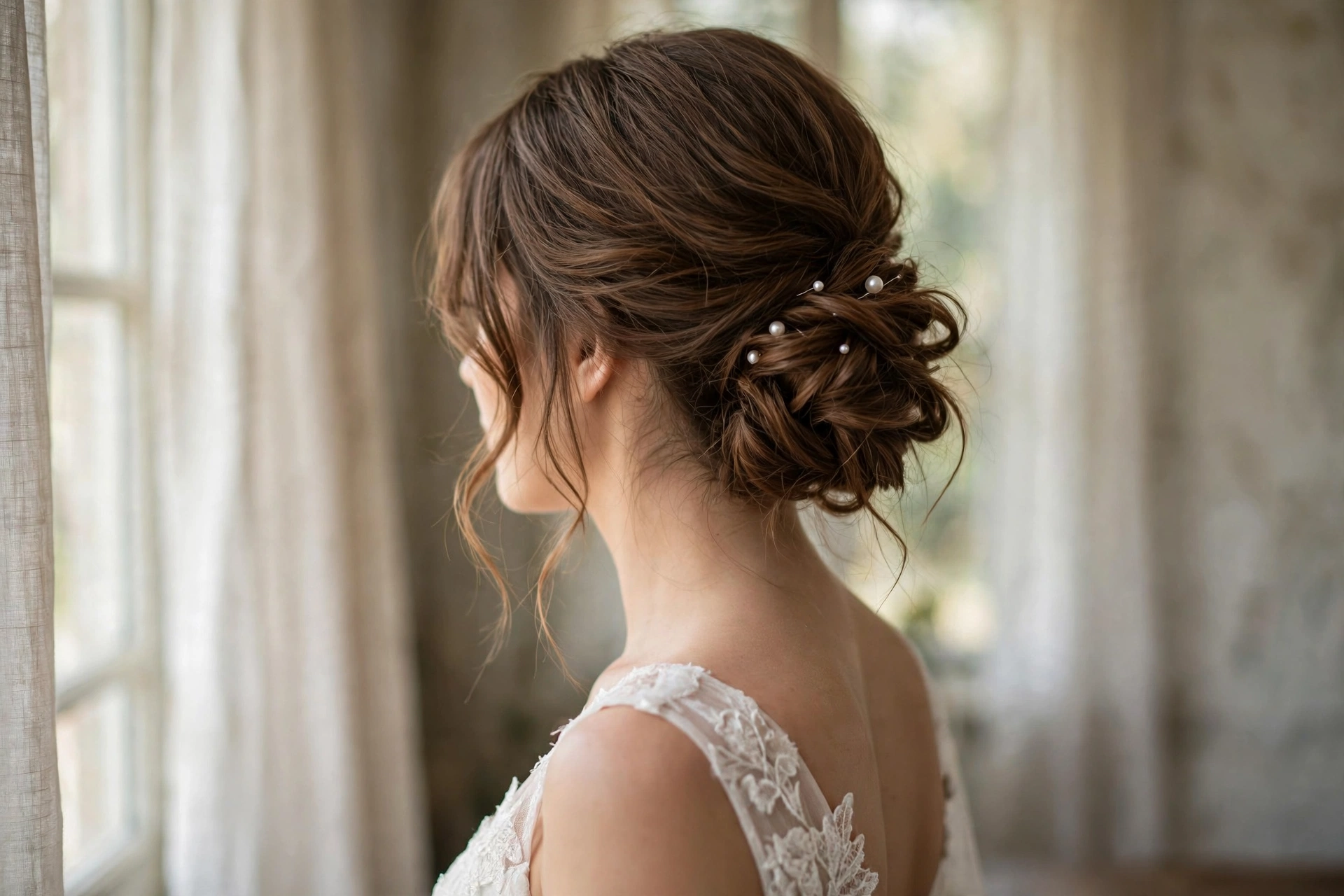 Low deconstructed chignon on shoulder-length hair