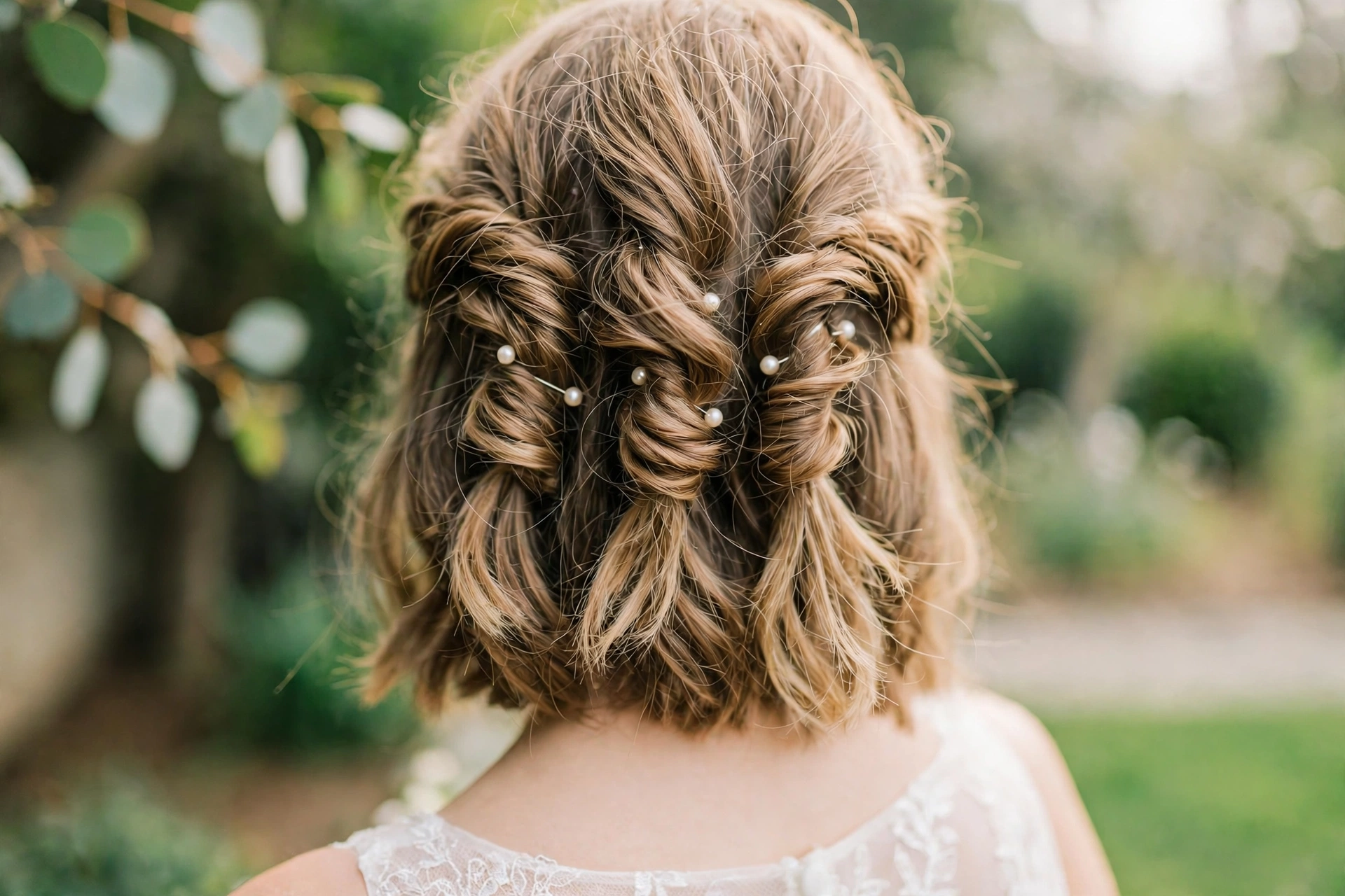 Triple twist updo on shoulder-length hair