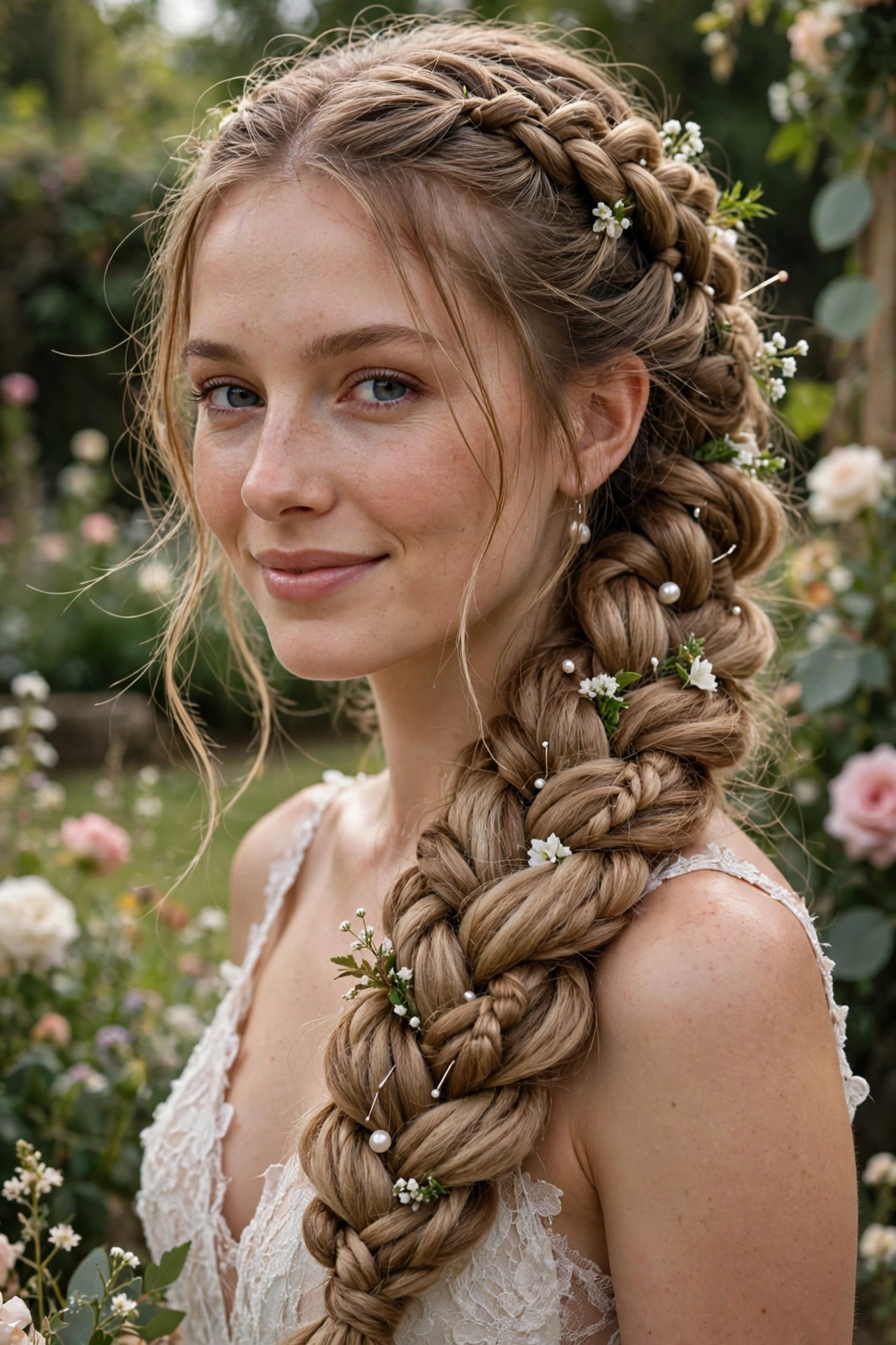 Boho fishtail braid with woven-in clip-in extensions and flowers