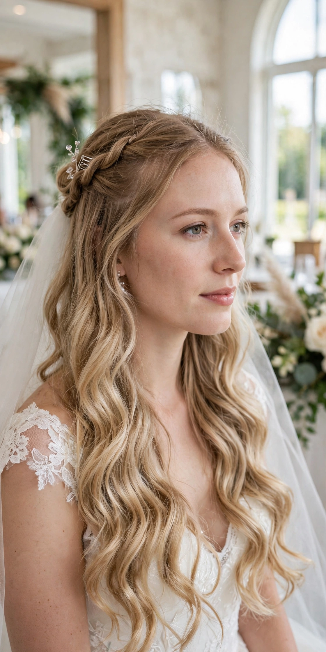 Half-up twist with crystal comb and fuller waves from clip-in extensions