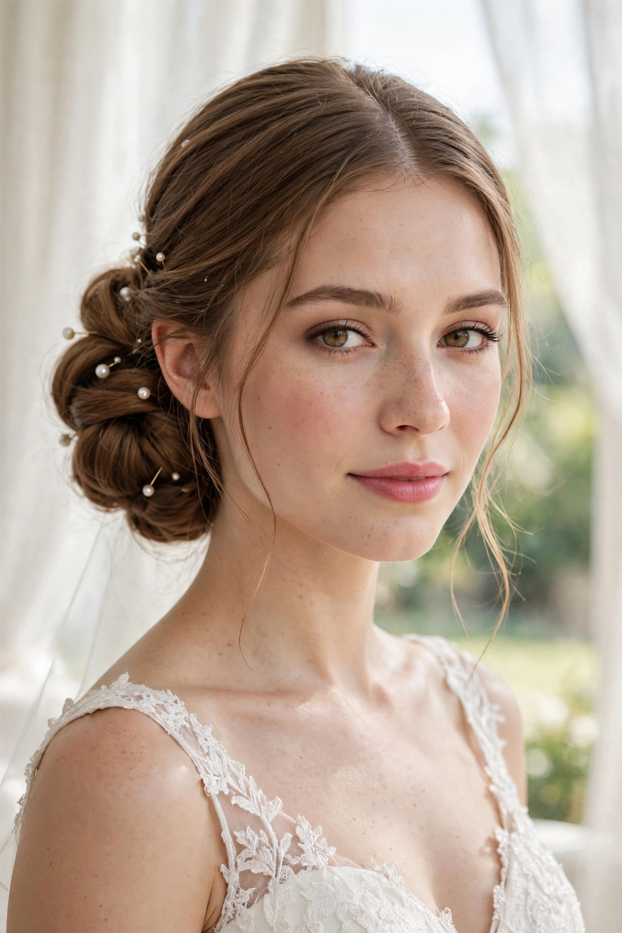 Low chignon with pearl pins, made fuller with clip-in extensions