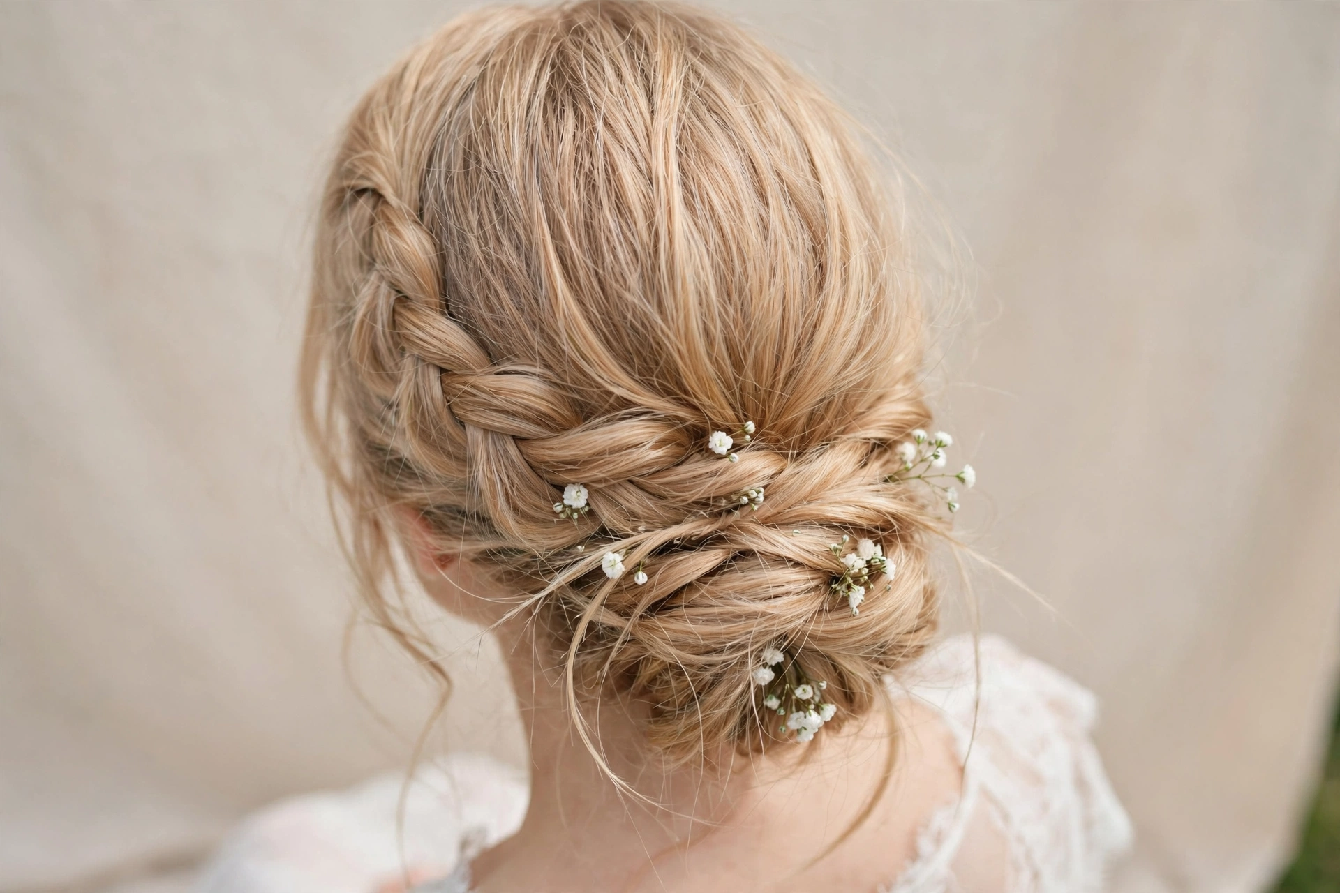 Romantic loose braided bridal updo with baby's breath for thin hair