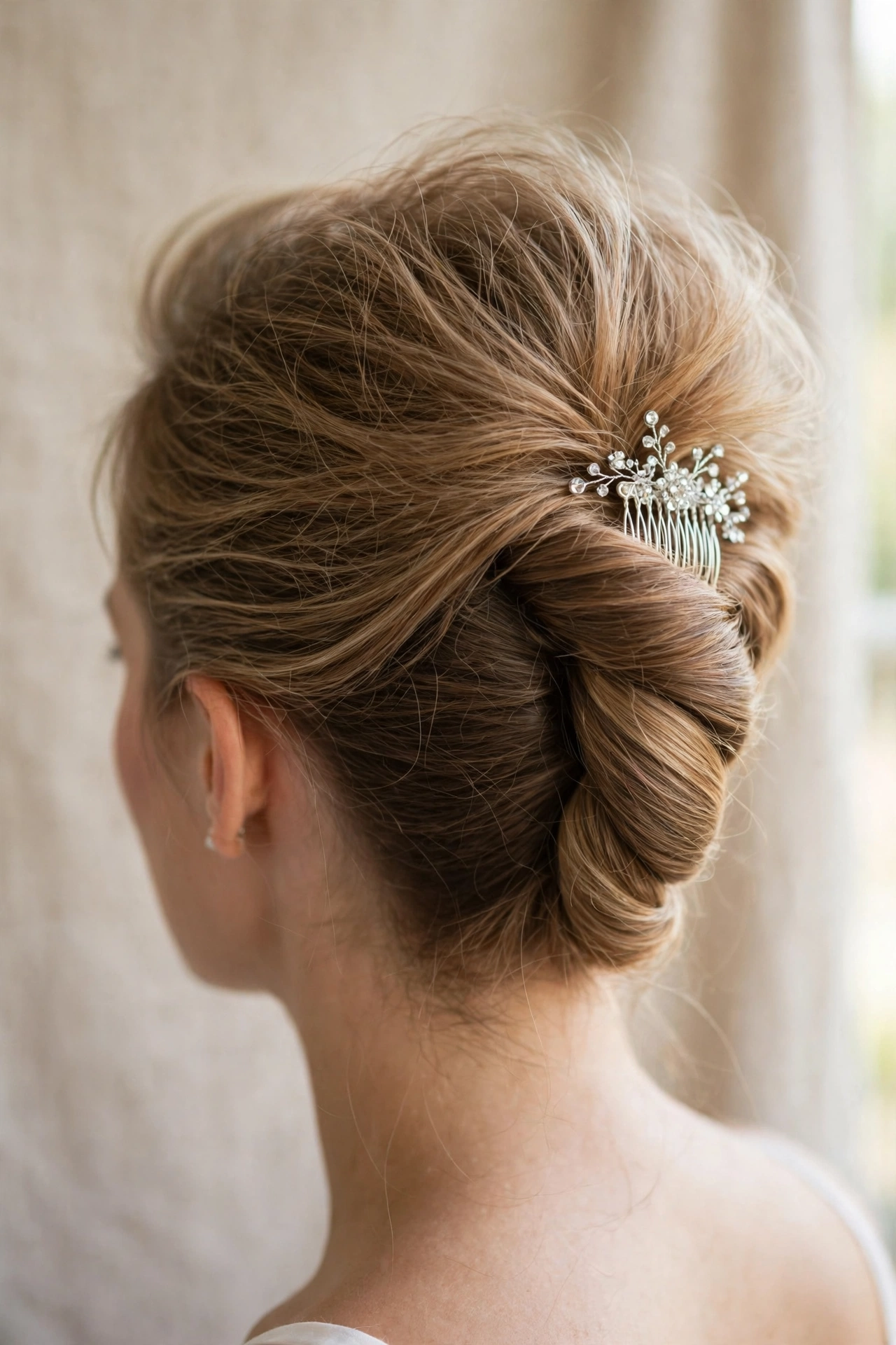 Elegant French twist bridal updo with crystal comb for thin hair