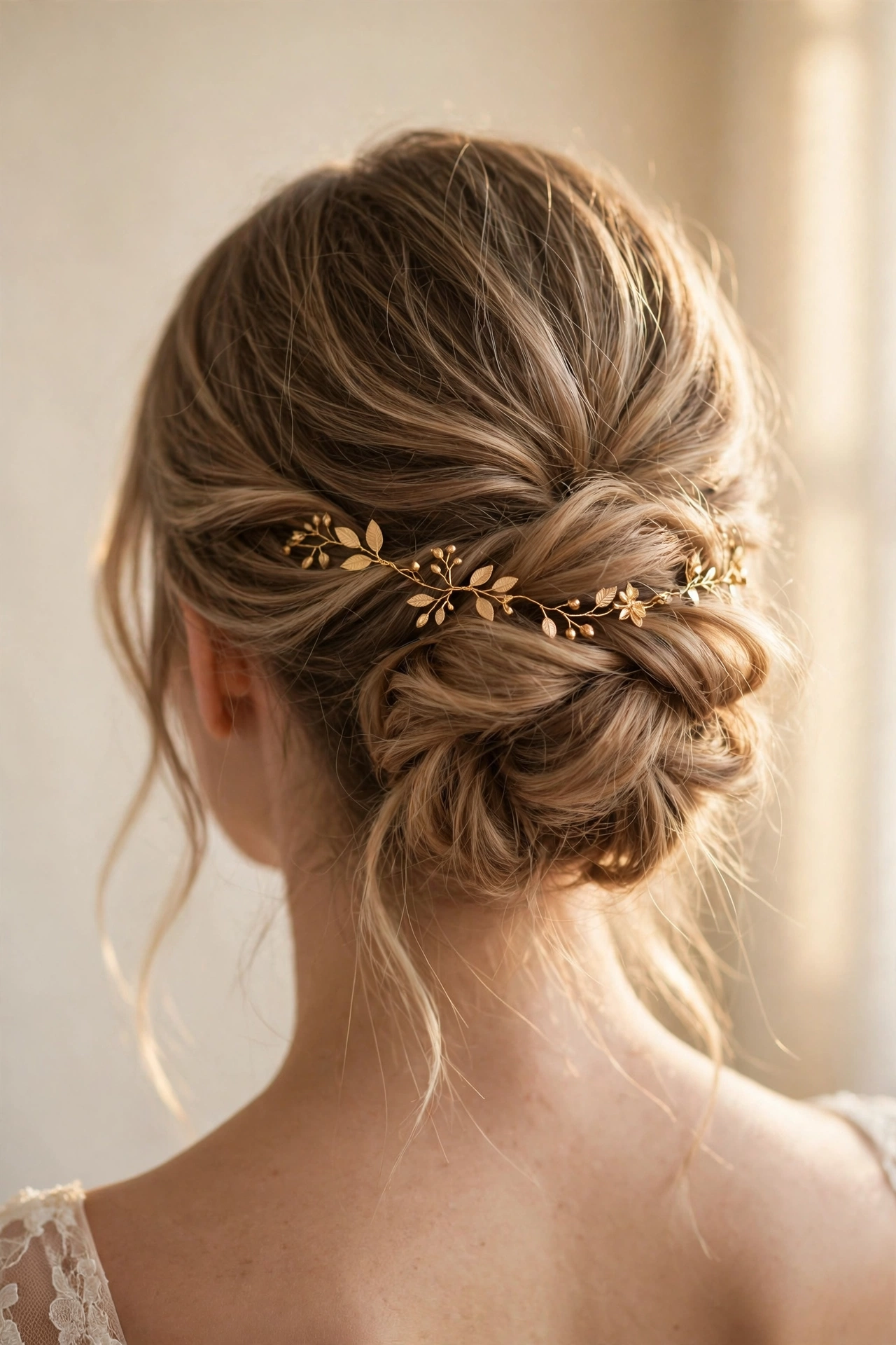Soft messy chignon bridal updo with gold hair vine for thin hair
