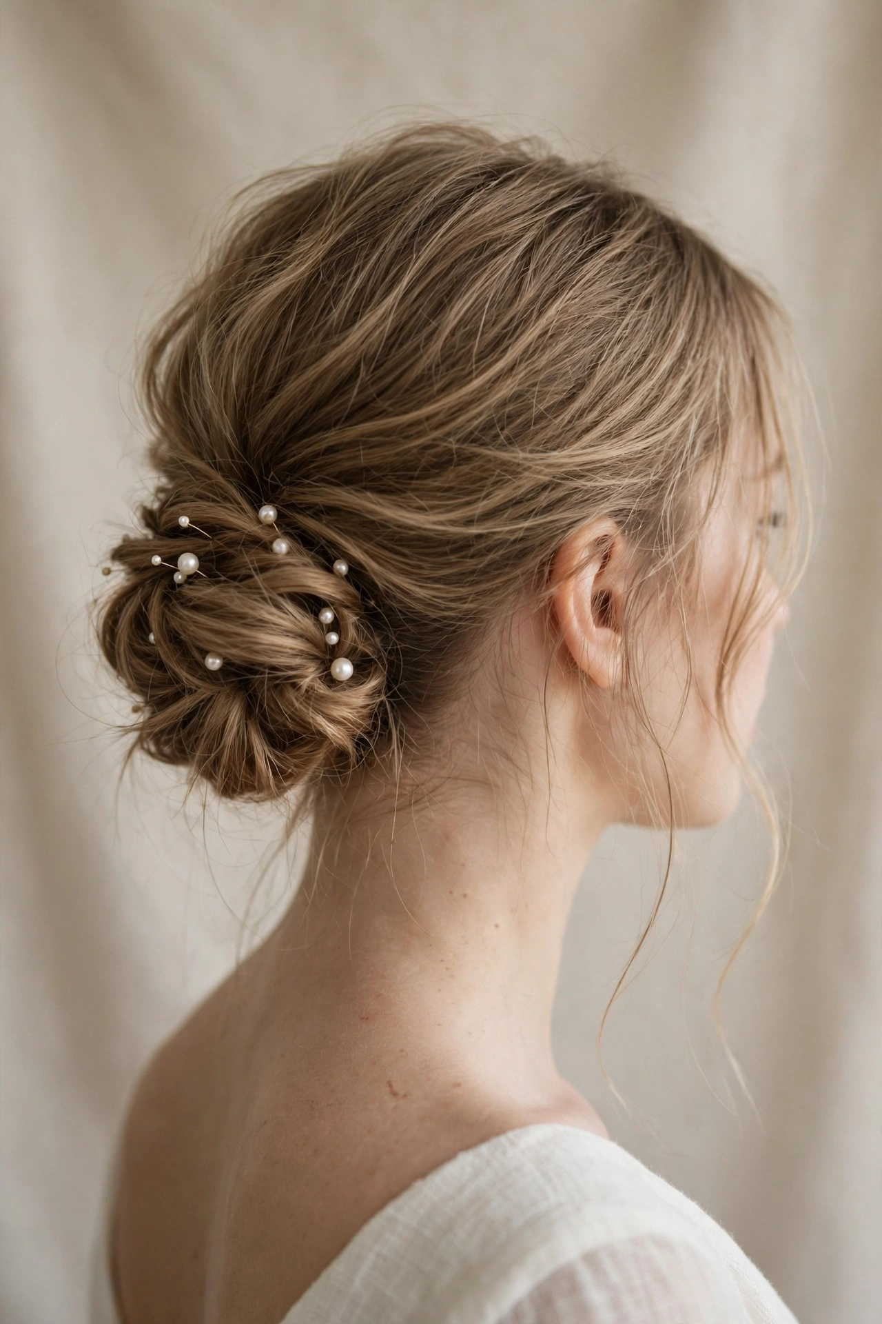 Textured low bun bridal updo with pearl pins for thin hair