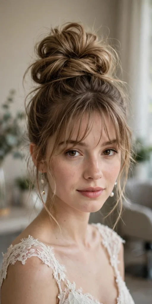 Voluminous top knot with wispy fringe