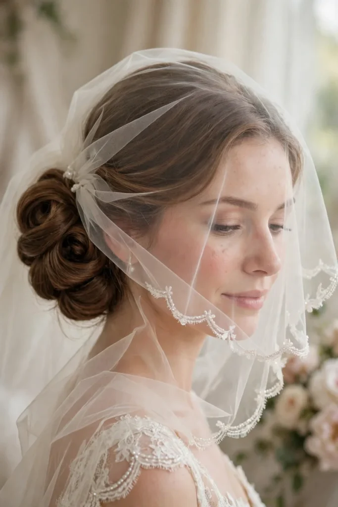 Rolled chignon with veil blusher