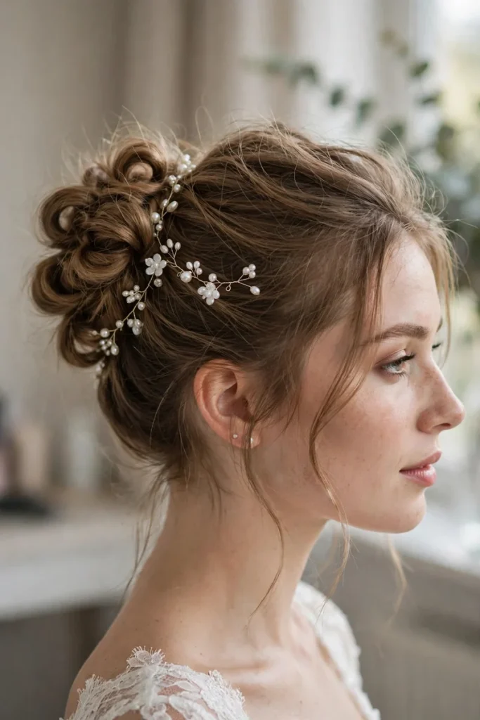 Knotted bun with pearl hair vine