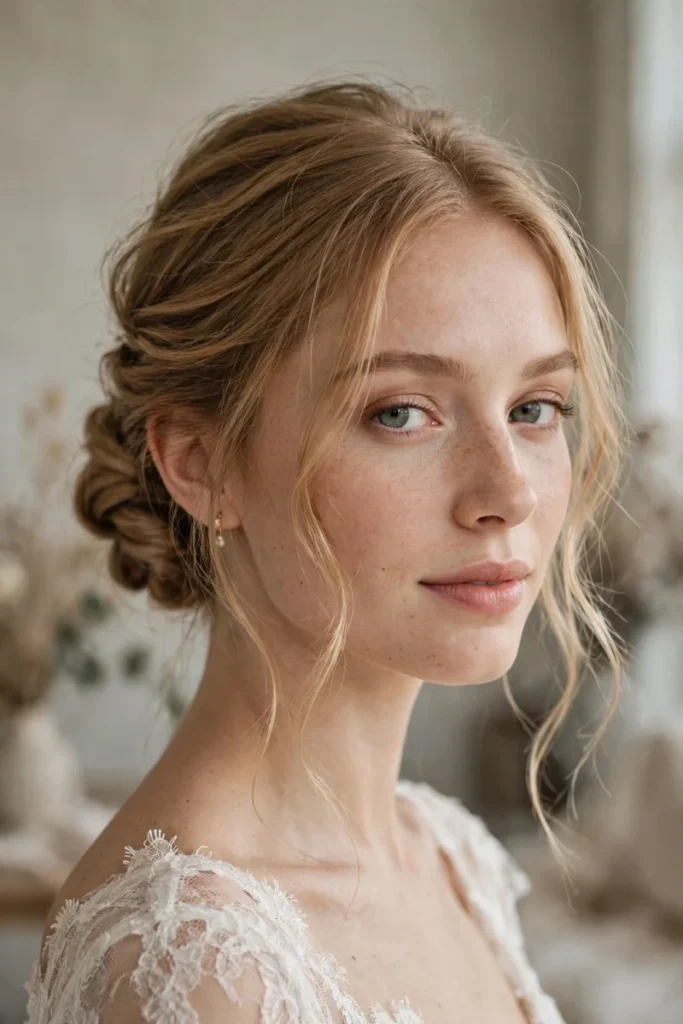 Low twisted bun with face-framing tendrils