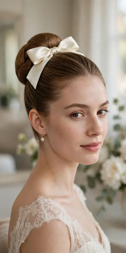 Classic ballerina bun with hair bow